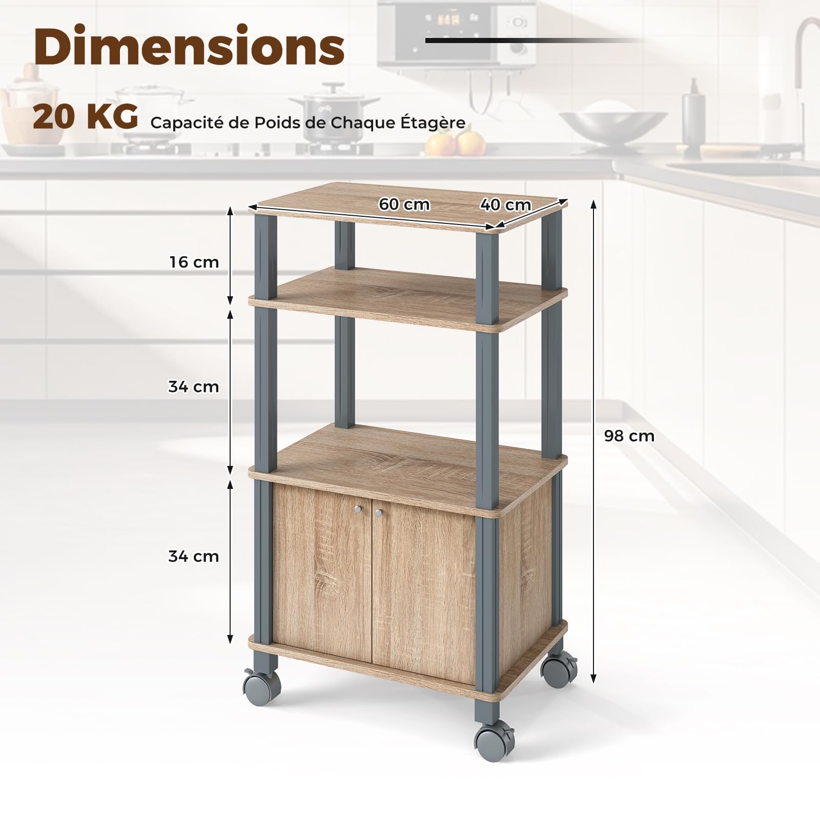 GIANTEX Chariot à roulettes Micro-Onde, Desserte de Cuisine à Micro-Onde avec 4 Roues et 2 Freins, Étagère de Rangement à 3 Niveaux et Placard Portes, 60 x 40 x 98 cm (Chêne)