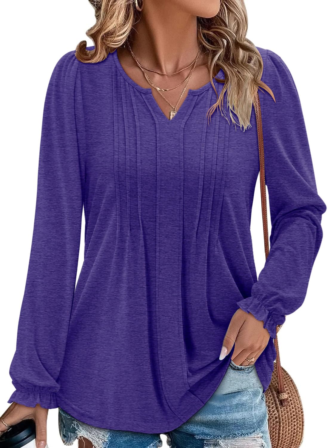 onlypuff Womens Tunic Tops V Neck Puff Long Sleeve T-Shirt Pleated Blouse Shirts Work Dressy S-XXXL