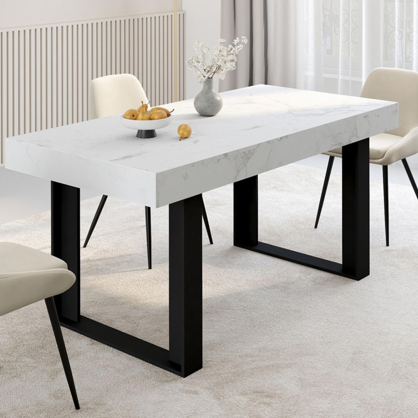 IDMarket Phoenix - Mesa de comedor extensible rectangular para 4-8 personas, bandeja de efecto mármol, blanco Alaska 160-200 cm