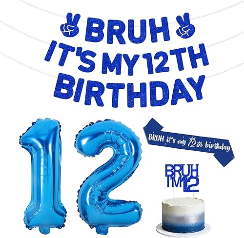 Bruh It's My 12th Birthday Decorations Set – Blue Glitter Banner & Sash | Bruh I