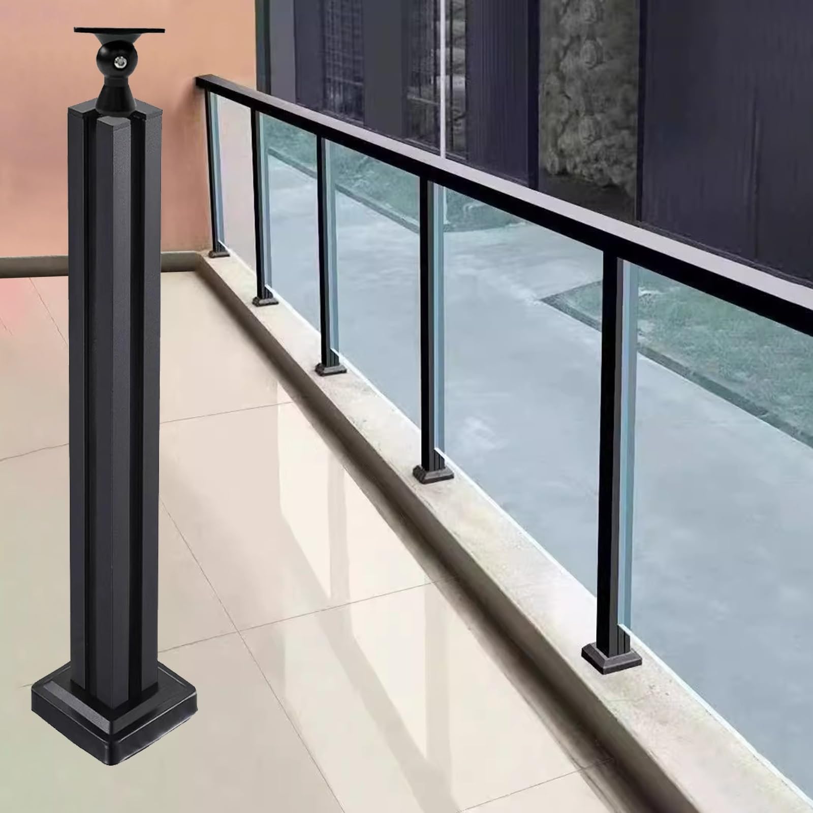Szklany słupek ogrodzeniowy do poziomicy i schodów z wspornikiem poręczy, metalowa kolumna balustradowa, do wewnątrz/na zewnątrz, na taras, balkon i balustradę strychu, szary, 125 cm