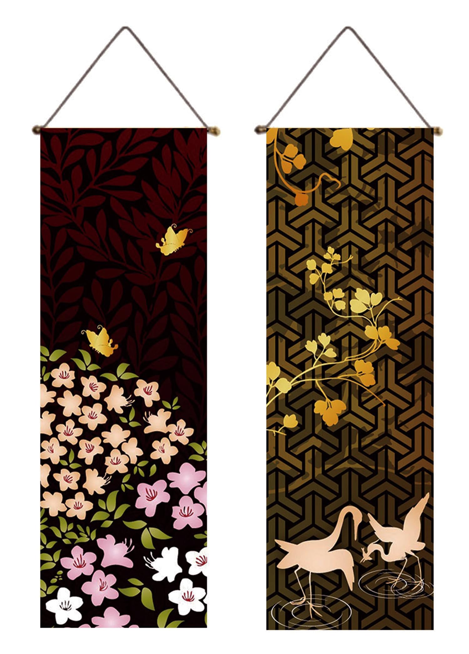 Japanese Seasonal Tapestry Wall Scroll Pair