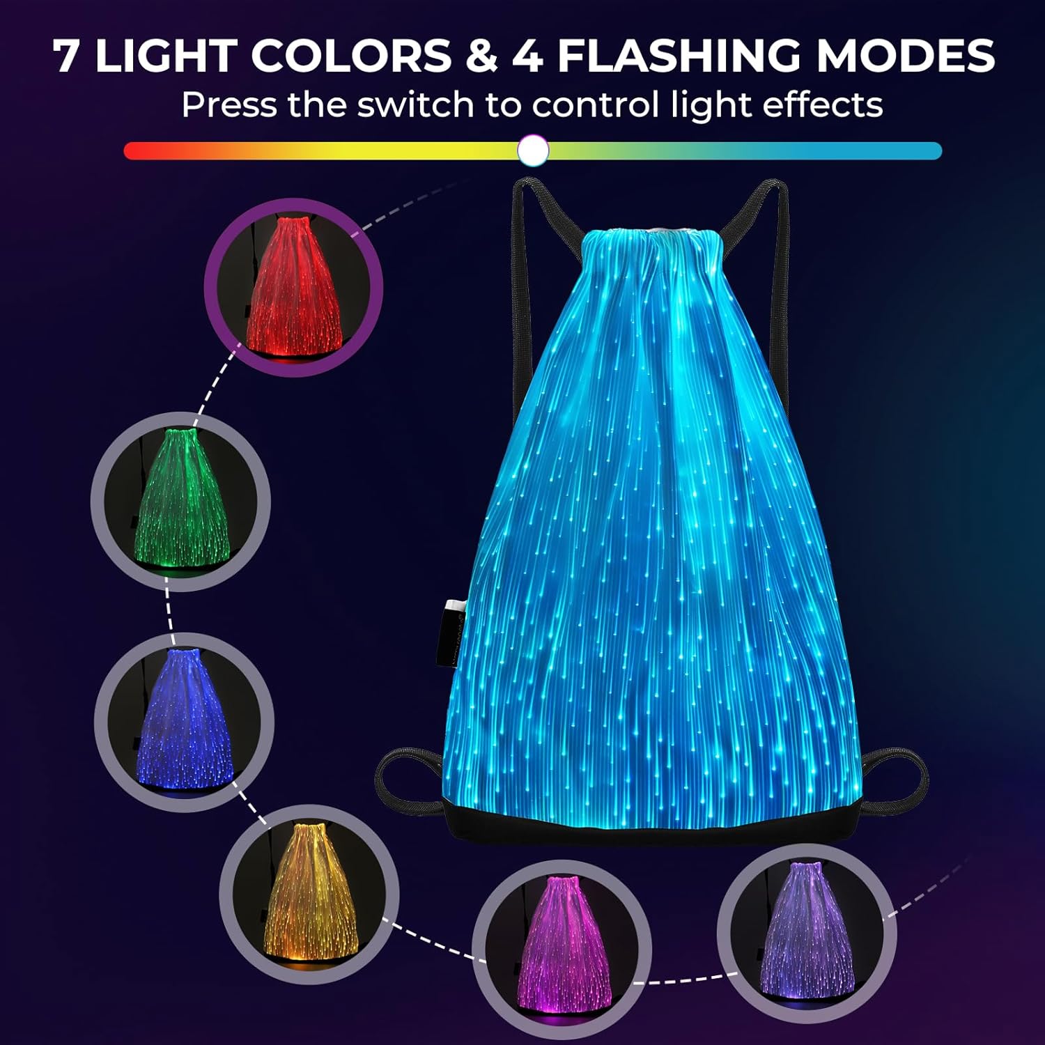 LED Backpack Drawstring Bag Gym Bags Light up Purse 7 Colors Rave Gear Rucksack for Bike Hiking festival carnival (White) - Image 2