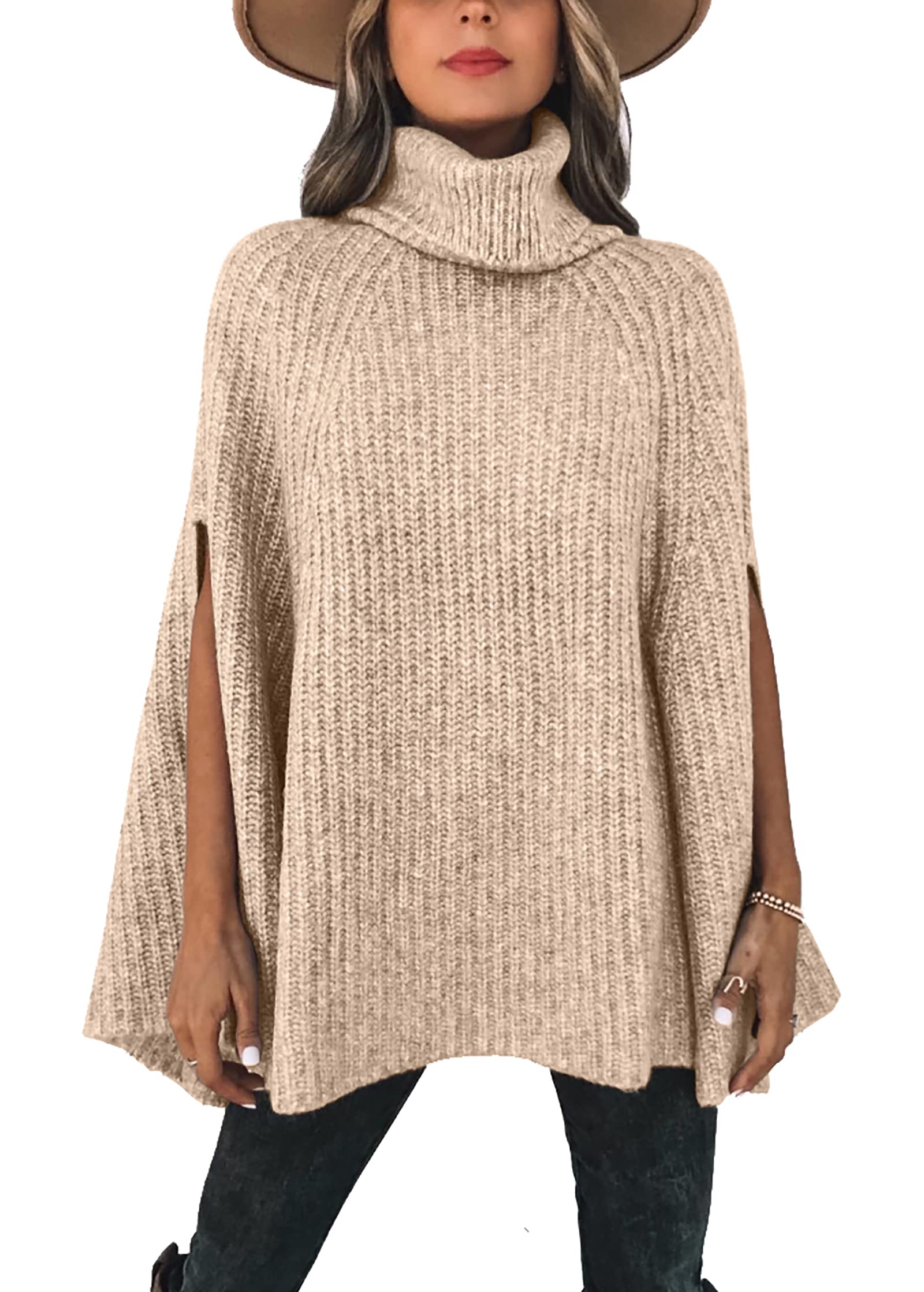 KIRUNDO Womens 2025 Fall Winter Turtleneck Poncho Sweater Fashion Chunky Knit Cape Wrap Sweaters Pullover Jumper Tops