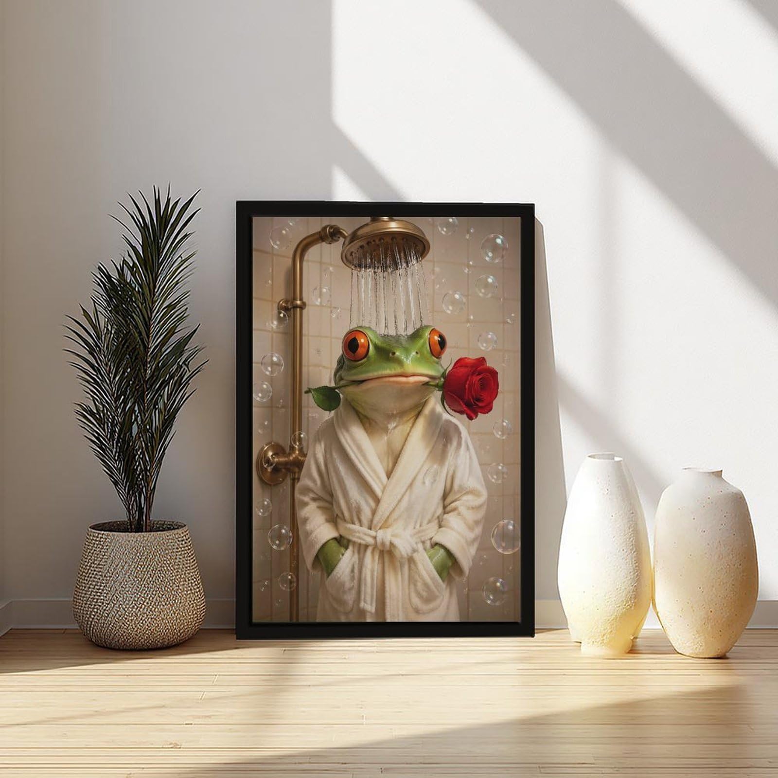 Lustiger grüner Frosch im Bademantel, Dusche mit roter Rose, Leinwand-Kunstposter, sprudelnd, skurriles Tierporträt, humorvolle Neuheit, Dekoration für Badezimmer, Toilette, Puderzimmer, schwarzer