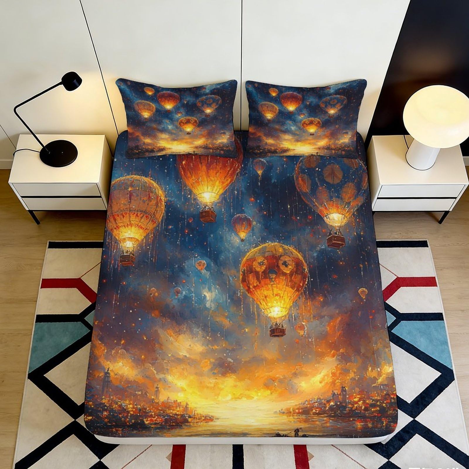 3D Printed Hot Air Balloon Fitted Sheet Microfiber Soft Breathable Evening Sky Bed Cover for Bedroom Dormitory Guest Room Mattress Protection Decor 120x200x25cm