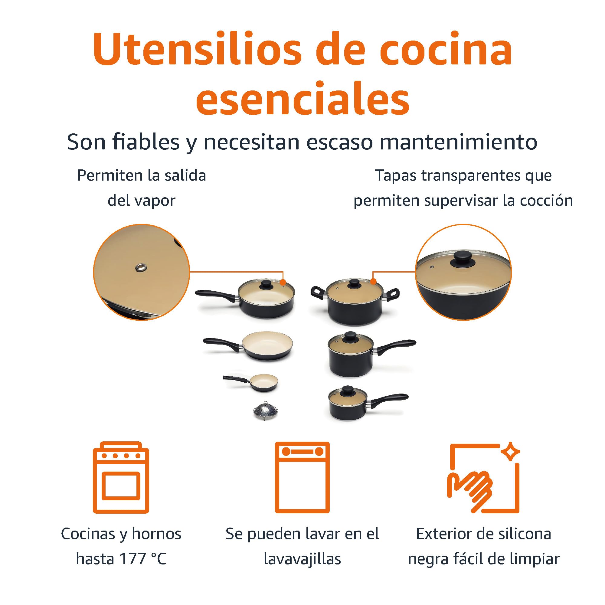 Amazon Basics Juego de ollas y sartenes, de cerámica, antiadherente, 11 Unidad, Negro/Crema