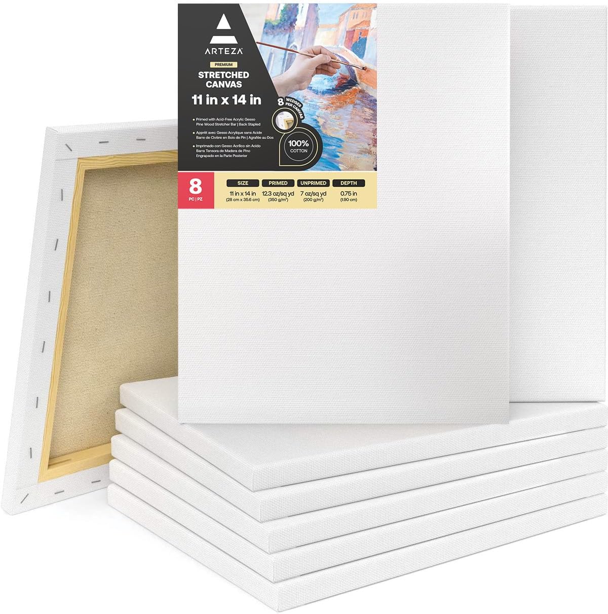 ARTEZA Premium Stretched Canvas, 11 x 14 Inches, Pack of 8, Blank White Canvas Boards for Acrylic, Oil and Gouache Painting