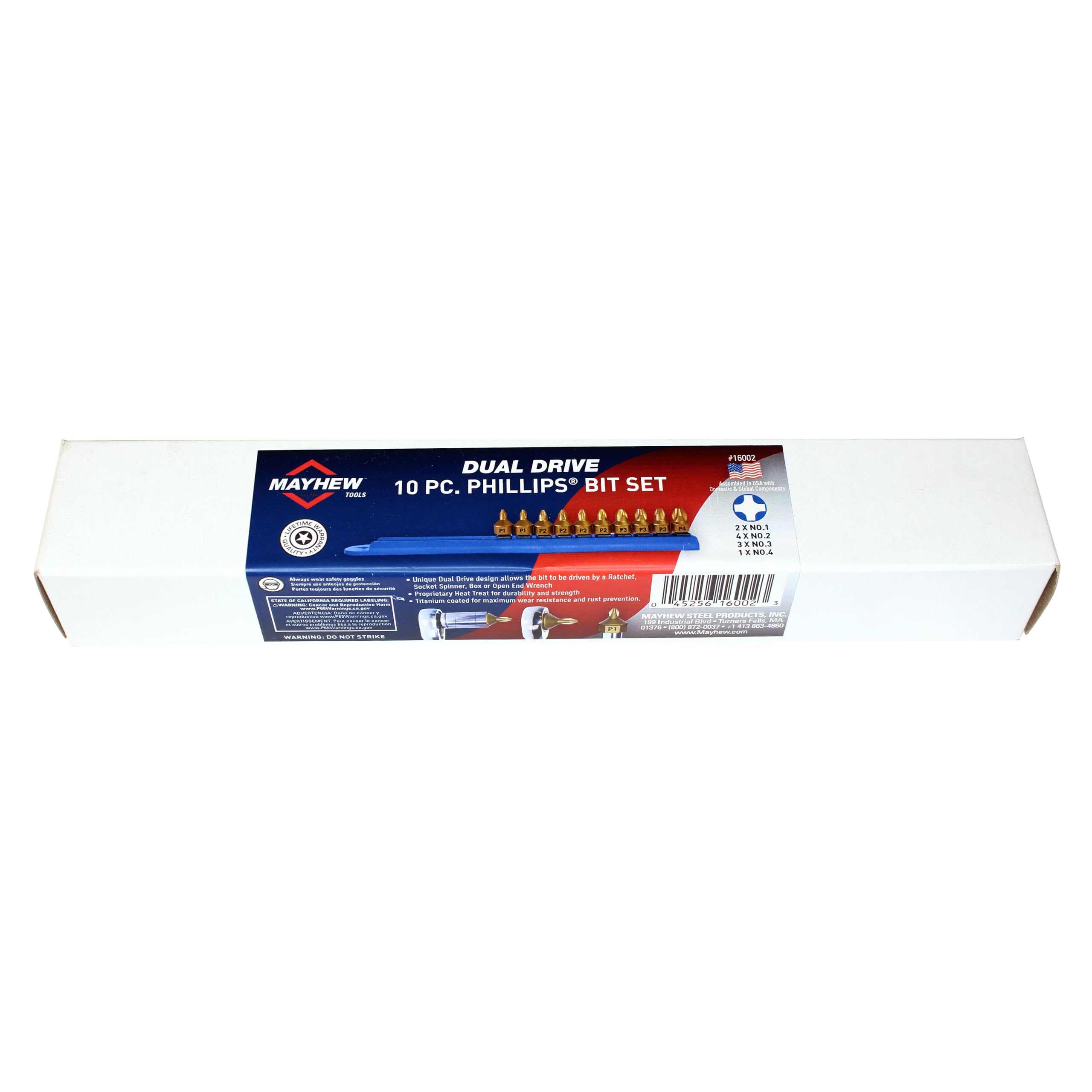 Mayhew Tools 16002 - Juego de doble unidad de perfil bajo con revestimiento de titanio, Phillips, 10 piezas | Juego de brocas de alto par con revestimiento de titanio con enchufes marcados de tamaño y riel de almacenamiento