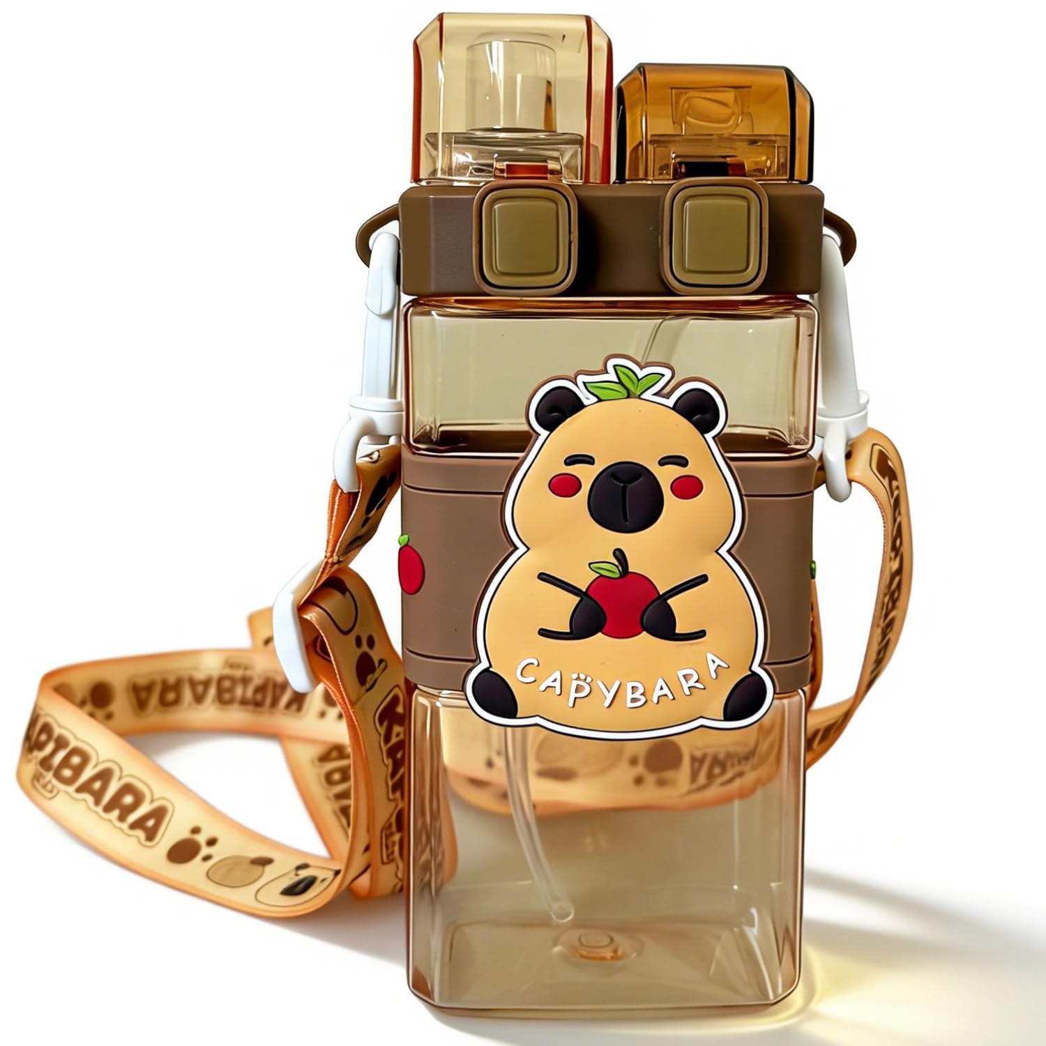WFKKMEQ Capybara Water Bottle with Straw, Capybara Drinking Bottle Water Bottle Plastic Bottles with Straw Strap Double Drinking Leakproof Sports Bottles for Travel School (520ML) Animal Set