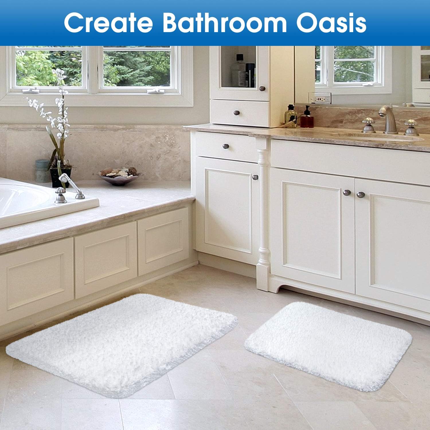 HOMEIDEAS Plush White Bathroom Rugs Set 2 Piece Super Soft, Water Absorbent Shaggy Bath Rug Non Slip Microfiber Bath Mat Machine Washable, for Shower, Tub, 16"x24" & 20"x32"