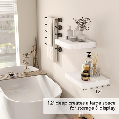 Miniatura 4 de Fun Memories Estante flotante de 12 pulgadas, estantes de pared de madera rústica para decoración de pared y almacenamiento, estante flotante de 12