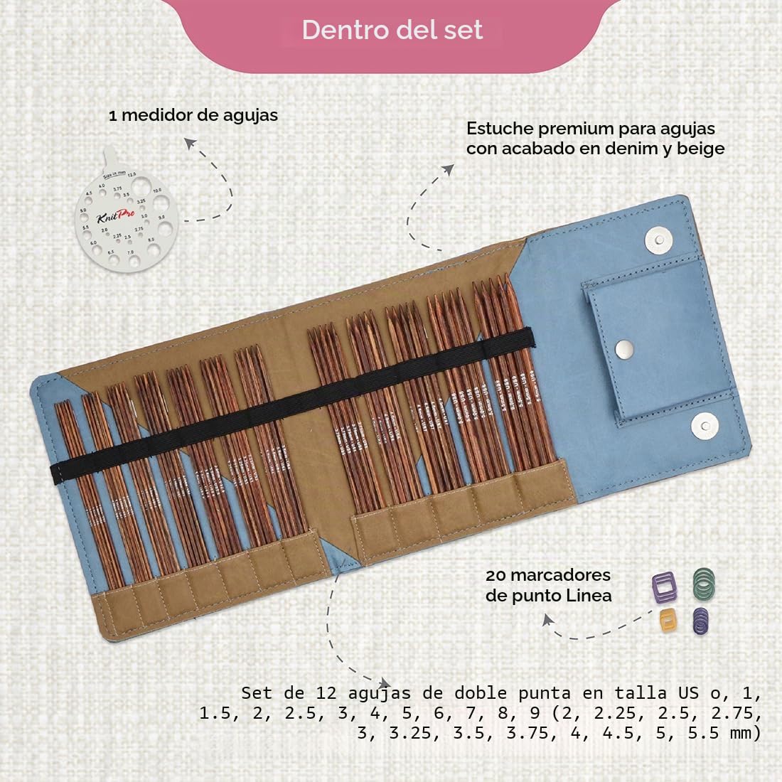 KnitPro Juego de agujas de doble punta Ginger - 12 x 15 cm Agujas de tejer de doble punta Juegos de 5 Ginger Grande Set para principiantes, profesionales y set de regalo