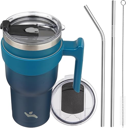 Vaso de 30 onzas con asa y 2 pajillas, 2 tapas, botella de agua aislada de acero inoxidable al vacío, taza de viaje reutilizable, color negro índigo
