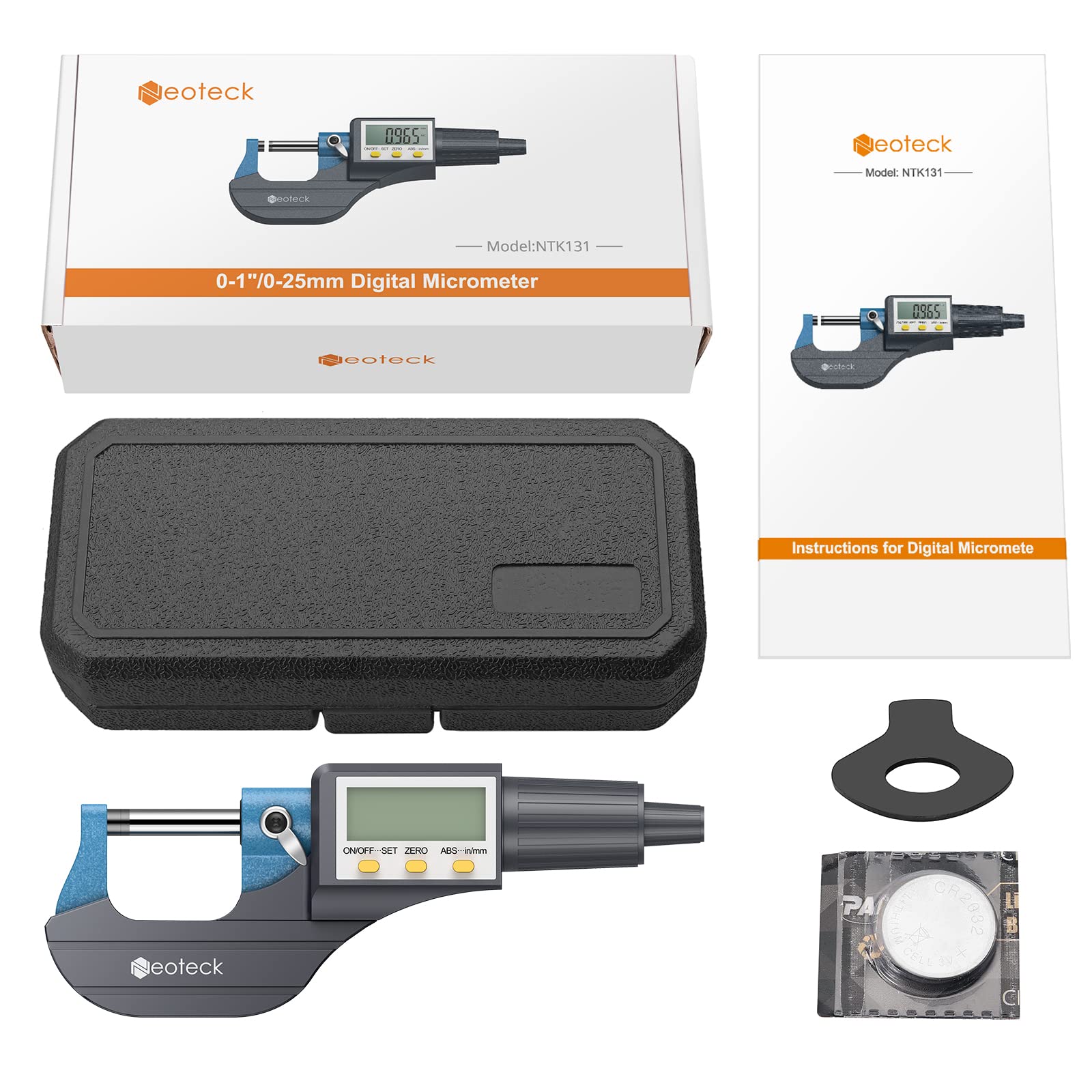 Neoteck Micrómetro Digital de Alta Precisión LCD 0-1"/0-25mm Digital Herramientas Profesionales de Medición de Espesor Resolución 0.00005"/0.001mm con Estuche Protector y Batería Adicional