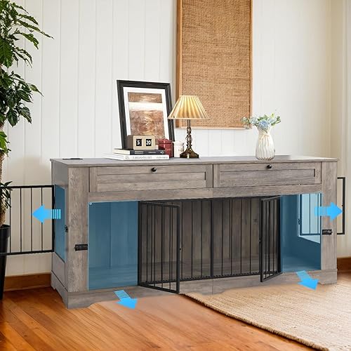 Miniatura 32 de Muebles grandes para jaula para perros, jaula decorativa resistente para interiores, mesa auxiliar de madera para perros con estación de carga, casa