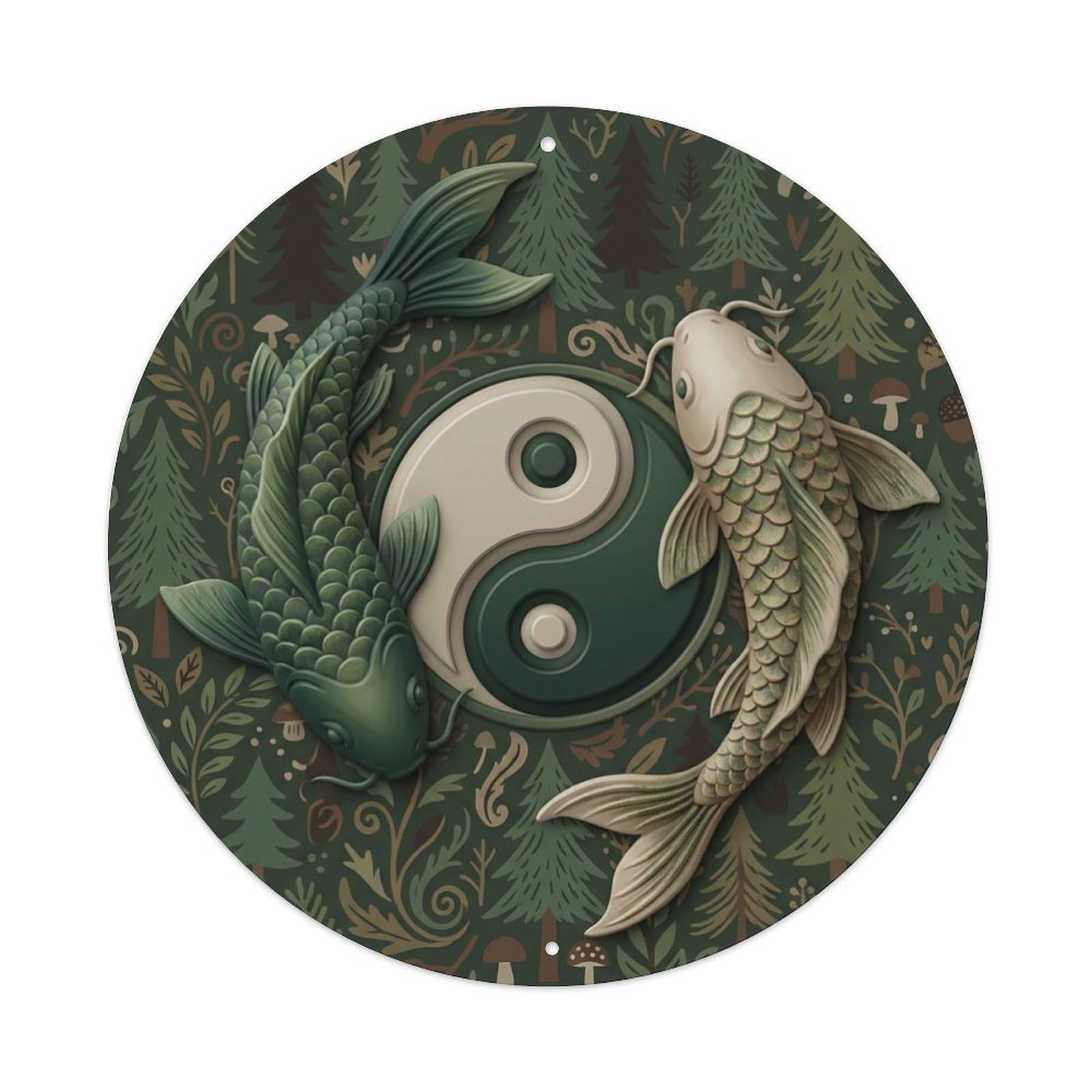 Metal Tin Sign Tai Chi Koi Fish Spruce Forest