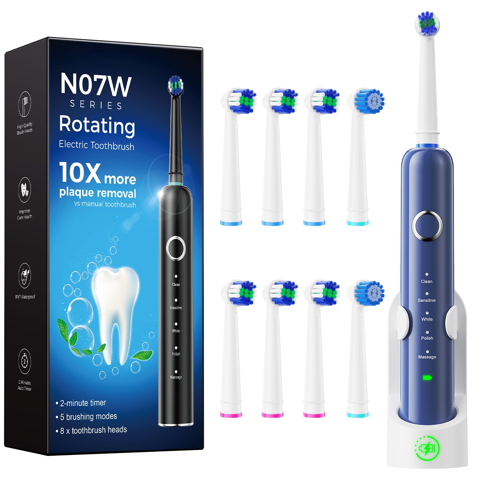 Spazzolino Elettrico Rotante per Adulti e Bambini, Blu | 5 Modalità, 8 Testine, Batteria 60 Giorni, Ricarica Rapida, 5000 RPM, Timer 2 min, IPX7 Impermeabile