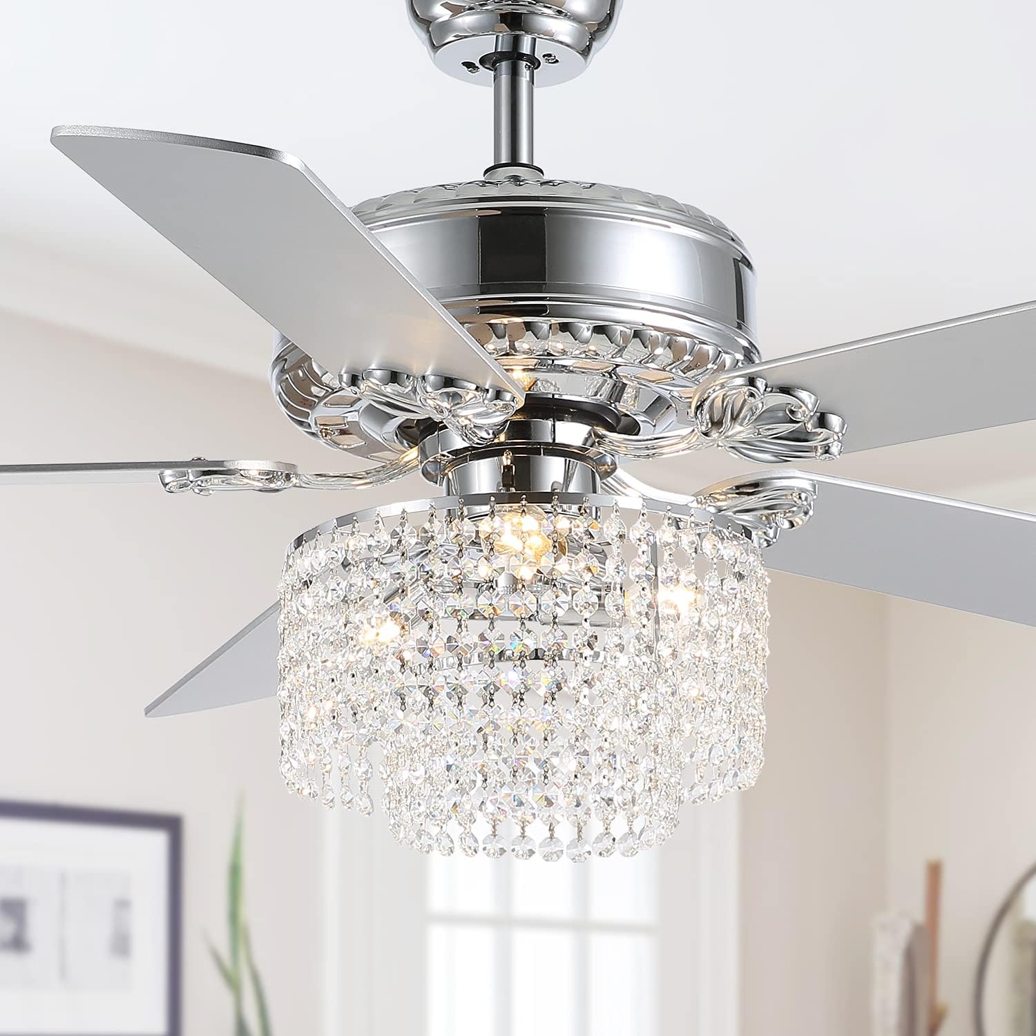 Moooni 52 Inch Modern Reversible Chandelier Fan with Lights and Remote, Elegant Crystal Fandelier Ceiling Light KIt for Bedroom Dining Room Silver Chrome