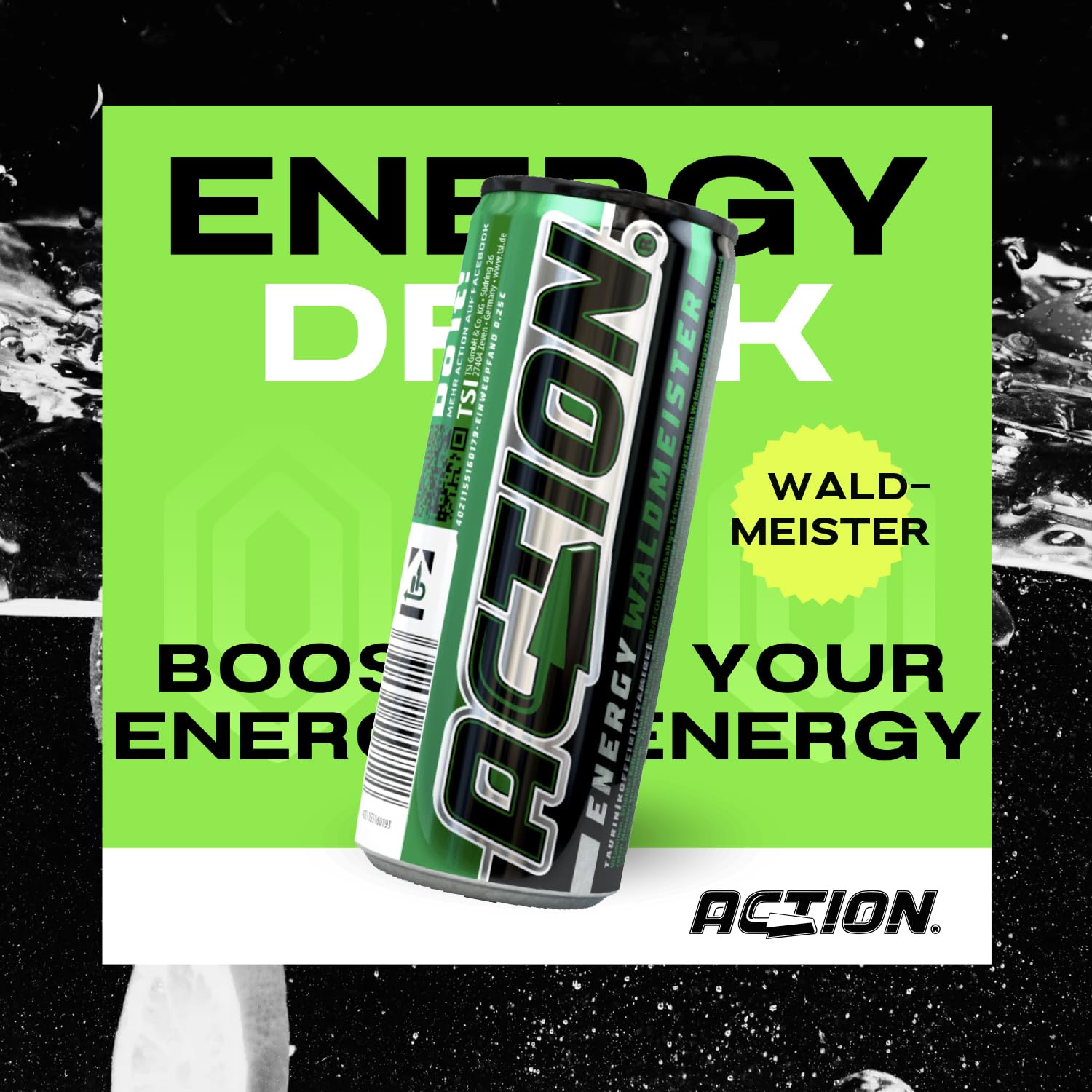 ACT!ON Action Energy Drink Waldmeister (48 x 250 ml) incluye depósito – Refresco con sabor a madera – patata energética con mayor contenido de cafeína 32 mg/100 ml de cafeína para mejorar el enfoque