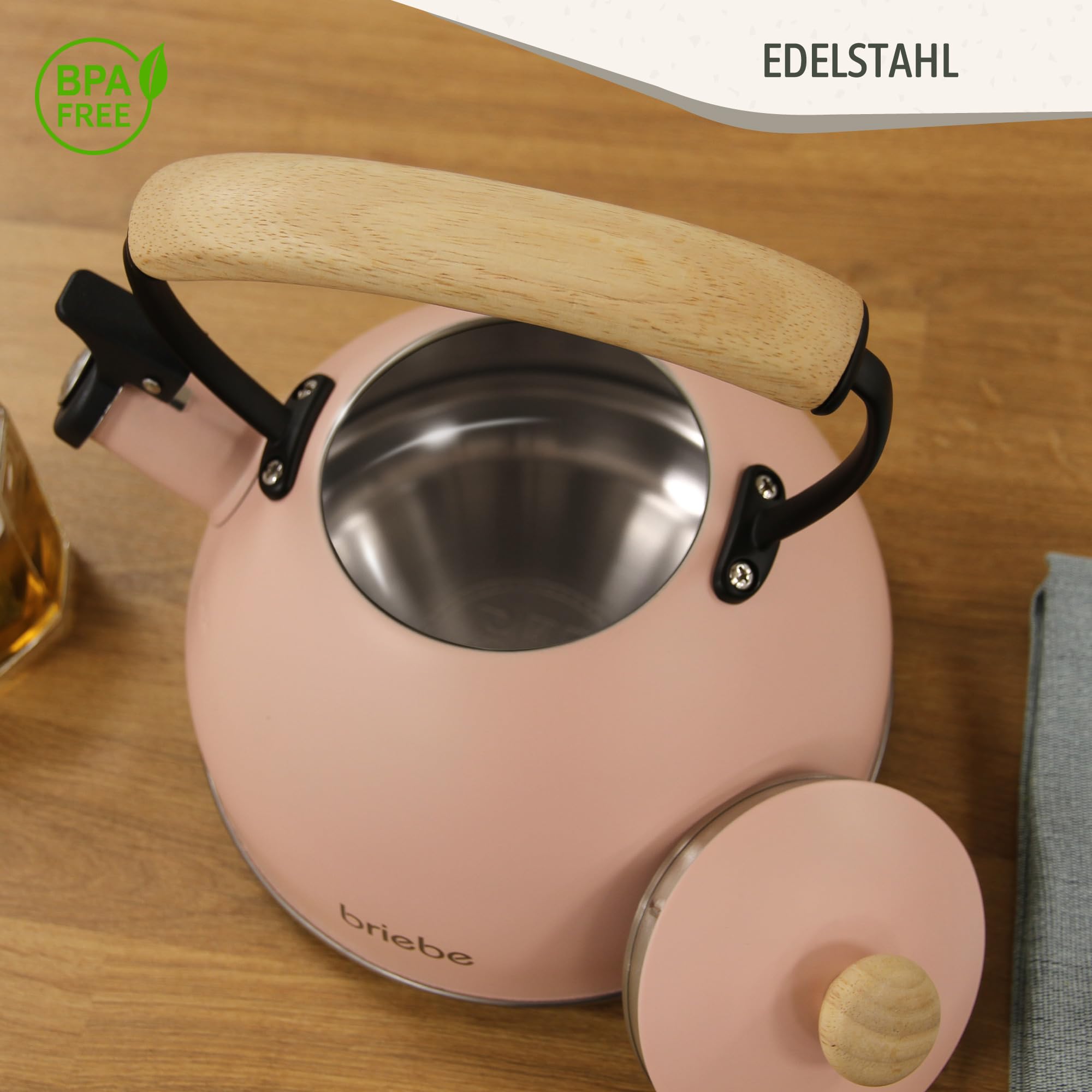 briebe Retro Wasserkessel Induktion 2,3L, Flötenkessel, Edelstahl Teekessel Vintage Design, Alle Herdarten, GlasKeramikherd, Gas, Elektroherd, Holzgriff Cool-Touch, für Tee Kaffee, Tea pot, Rosa