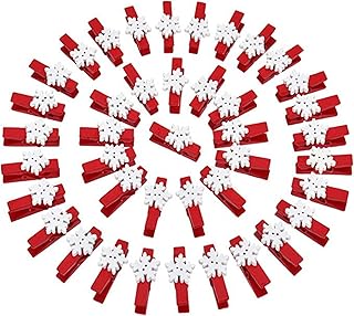 Souarts 50pcs Christmas Clips Mini Clothes Pins Red Snowflake Clothespins Christmas Wooden Photo Clips Small ClothesPins T...