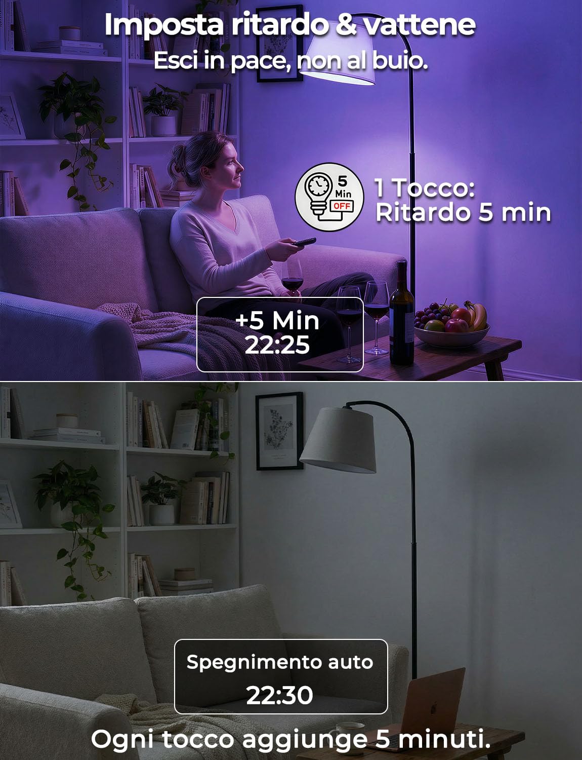 Piantana Lampada da Terra ad Arco Salotto LED Moderna, 170CM Doppio Controllo con Telecomando e Interruttore a Piede, 9 Colori +6 Dinamici, Lampadina Dimmerabile, CRI92, 1200LM, per Soggiorno e Camera