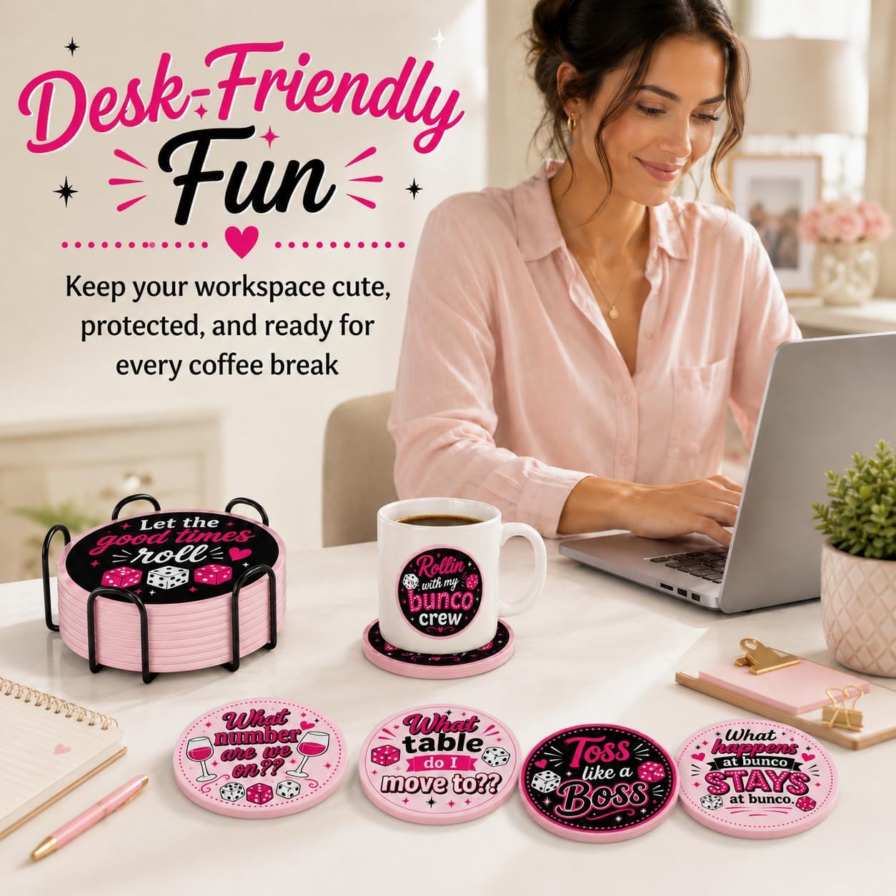 Bunco Party Supplies 6-Pack Pink Black Ceramic Coasters with Metal Holder image 5