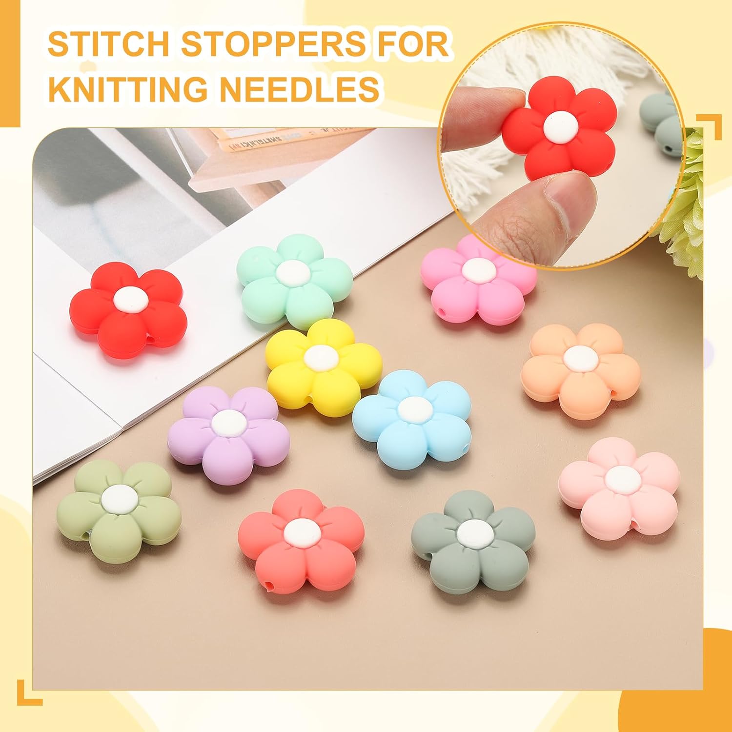 PATIKIL Knitting Needle Point Protectors, 6Pcs Needle Tip Stoppers Flower Covers Caps Stitch Stopper for Crochet Quilting Sewing DIY Crafts, Yellow