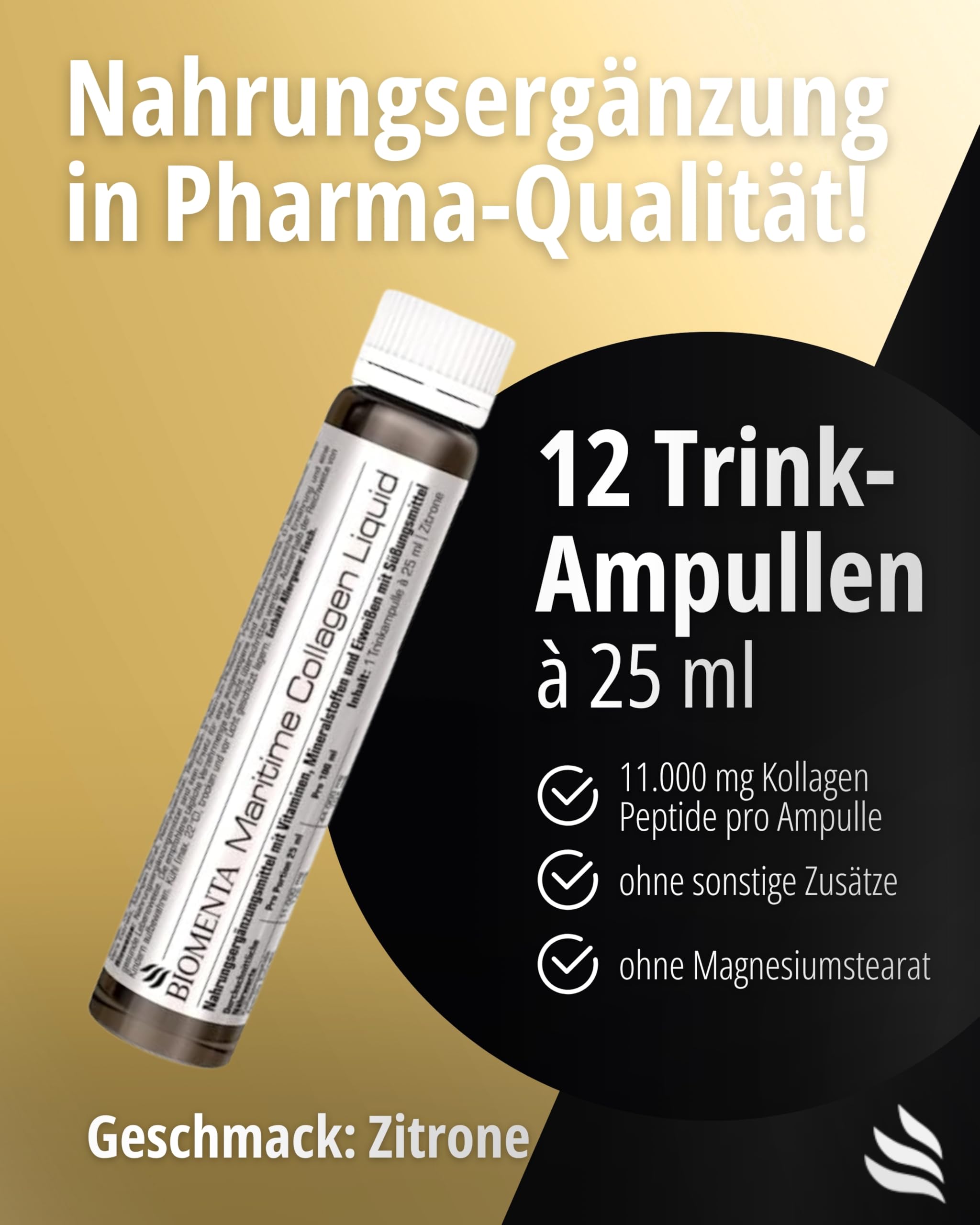 BIOMENTA Maritime Collagen Liquid I 12 Trinkampullen mit 25 ml Nährstoffkomplex pro Einheit I Hyaluron, Caviar Extrakt, Aloe Vera & 9 Vitamine I Nahrungsergänzungsmittel in laborgeprüfter Qualität