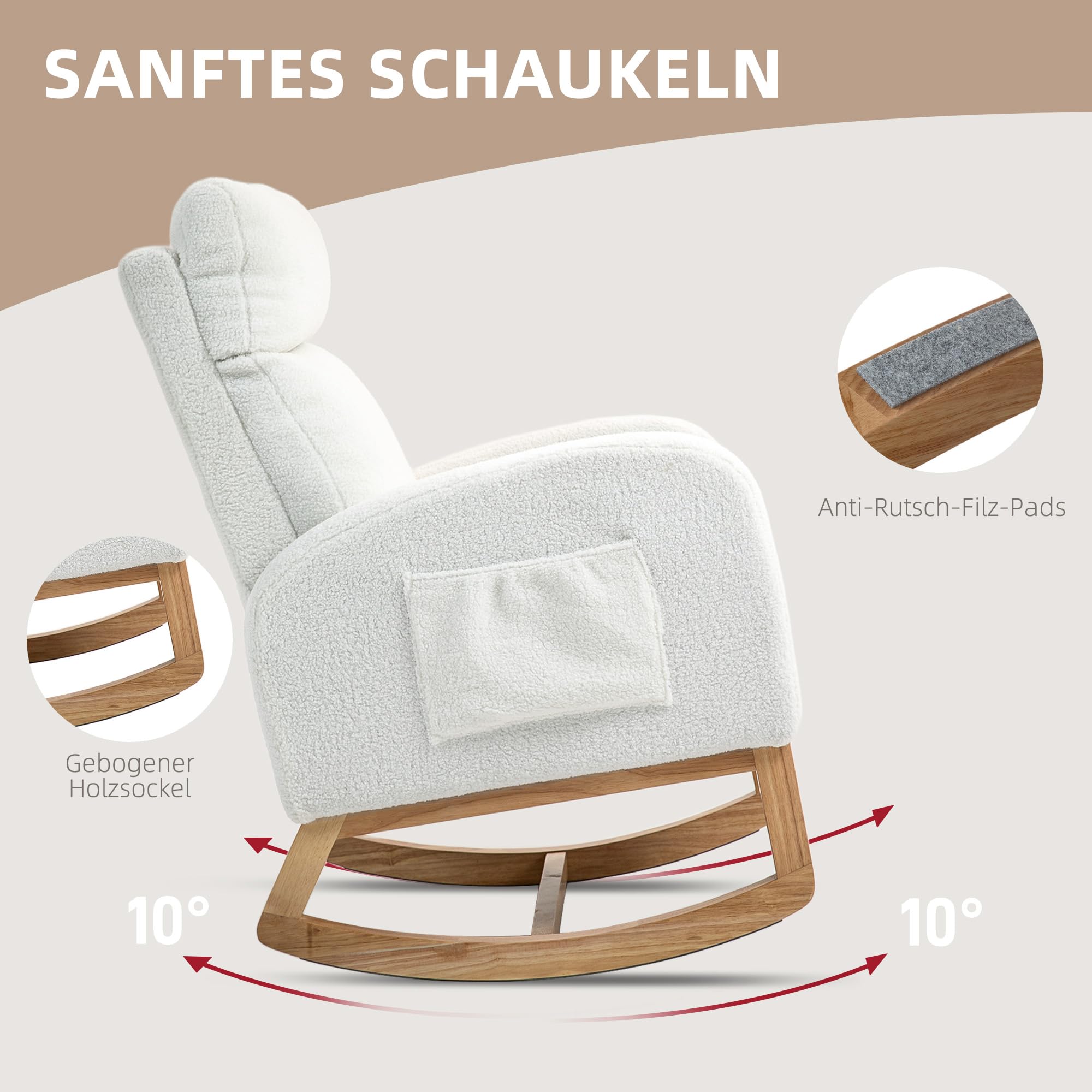 HOMCOM Schaukelstuhl, Schwingsessel, Armlehnsessel, Stillsessel mit Samtoptik, Schaukelsessel bis 120 kg belastbar, für Schlafzimmer, Wohnzimmer, Cremeweiß