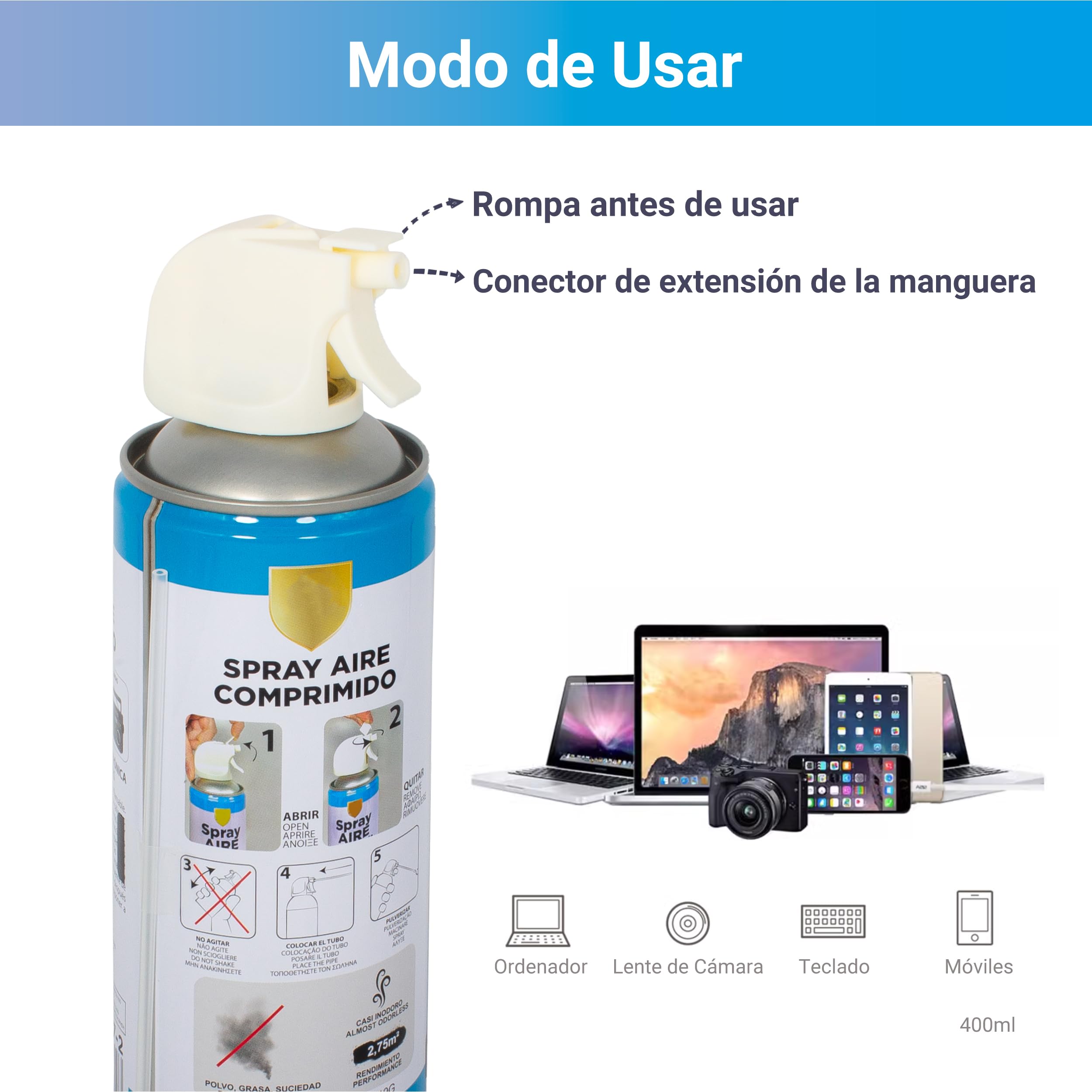 Spray de Aire Comprimido 400ml para Limpar Teclado, Ordenador, Cámara - Aire para Limpieza