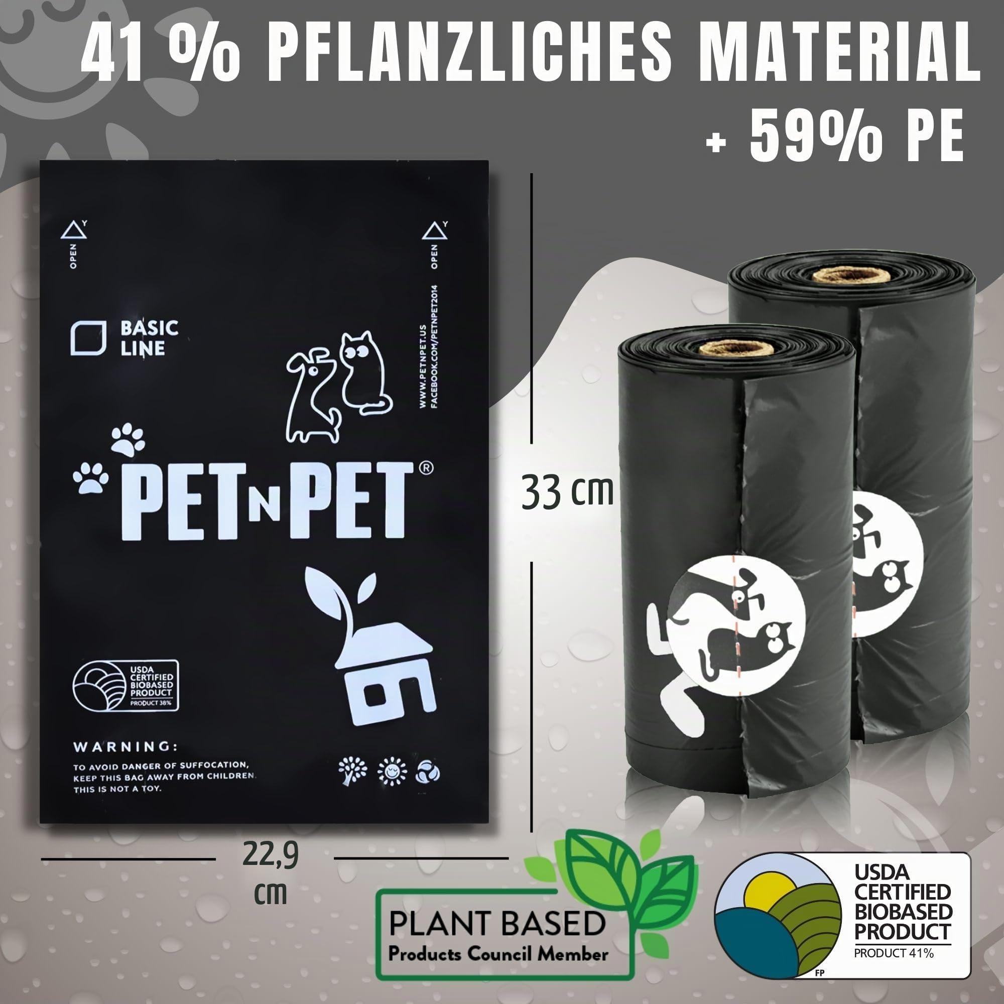 PET N PET Hundekotbeutel, 1080 Stück, 60 Rollen Kotbeutel, Schwarz | Extra dick & reißfest, 41% pflanzenbasiert, Geruchlos, Auslaufsicher, kotbeutel für hunde & Katzenstreubeutel