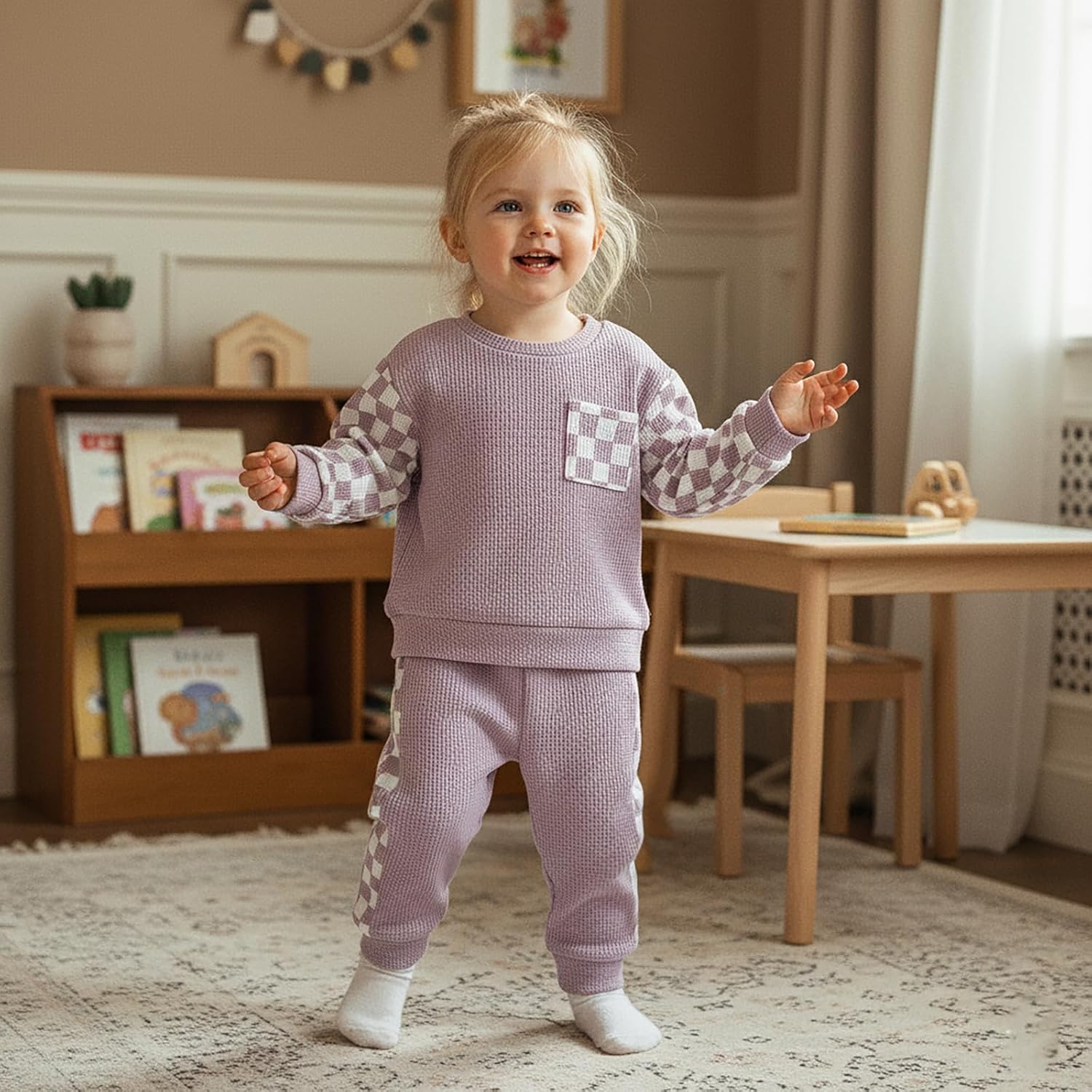 allshope Toddler Baby Girl Fall Outfit Checkerboard Patchwork Long Sleeve Sweatshirt Elastic Waist Pants Newborn Clothes Set image 2
