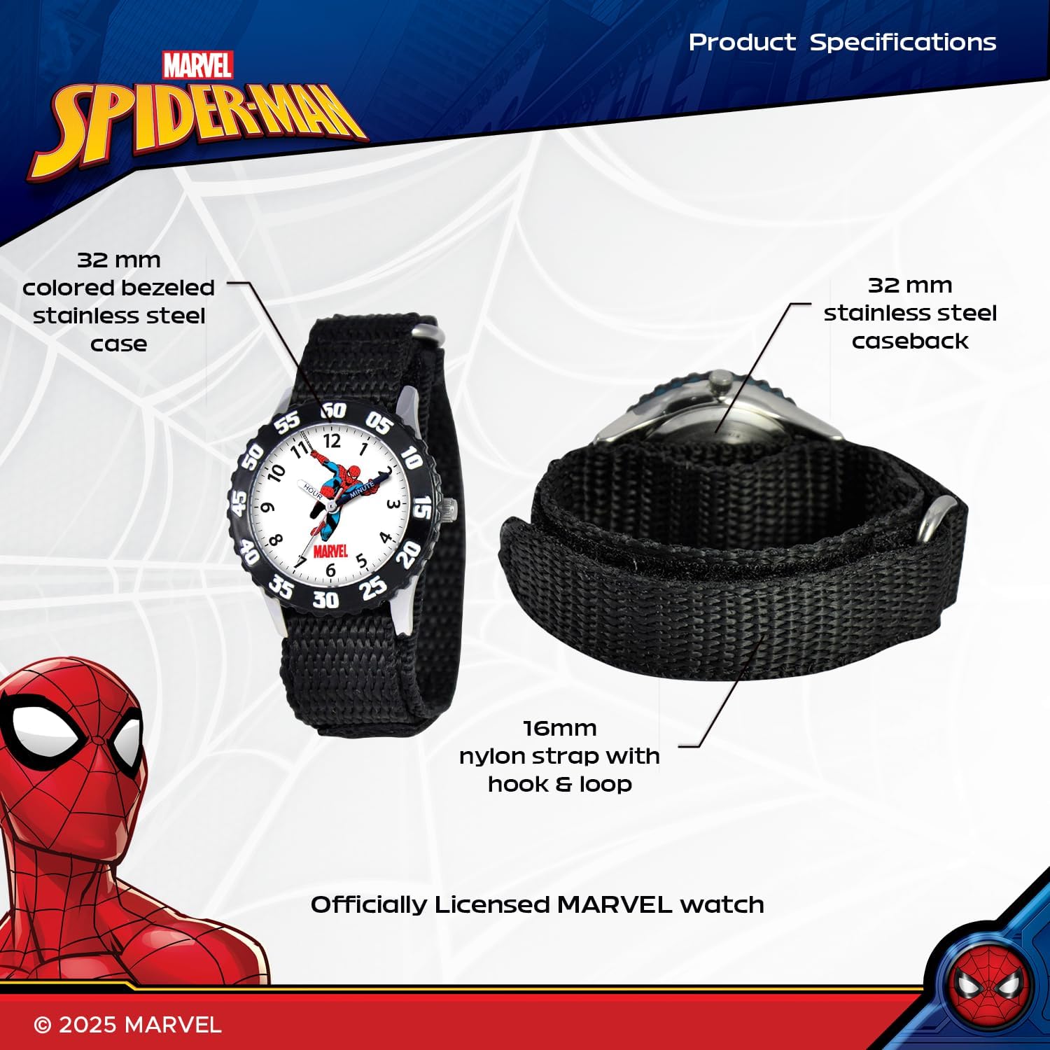 Marvel Spiderman Watch for Kids - Spiderman Watch Boys - Spider-Man Watches for Boys 4-6 - Kids Toys - - Marvel Toddler - Teen - Red Bezel - Multicolored Nylon Strap - Image 3
