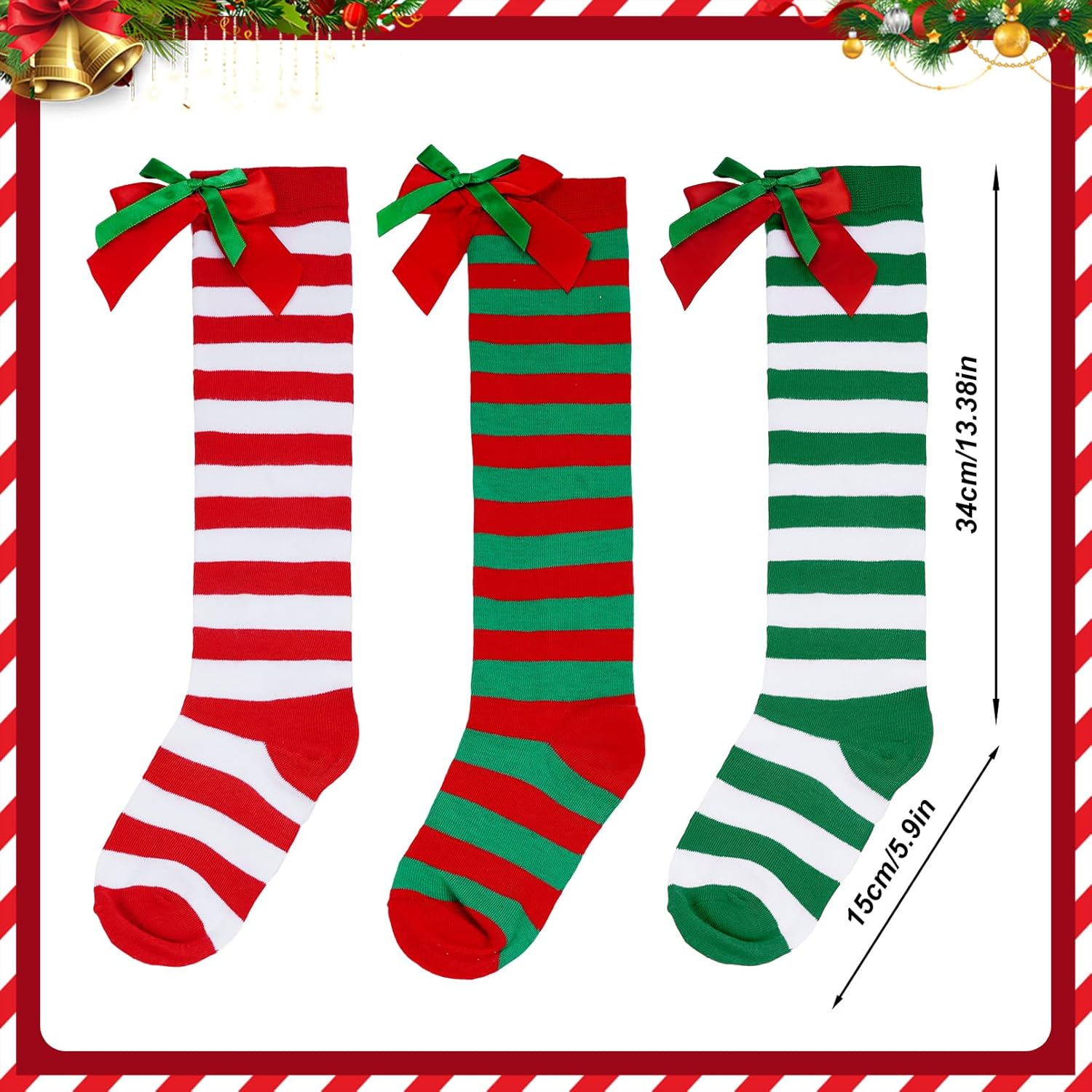 3 Pairs Girls Christmas Knee High Socks, Red Green White Striped Long Socks with Bows for Girls and Toddler - Image 4