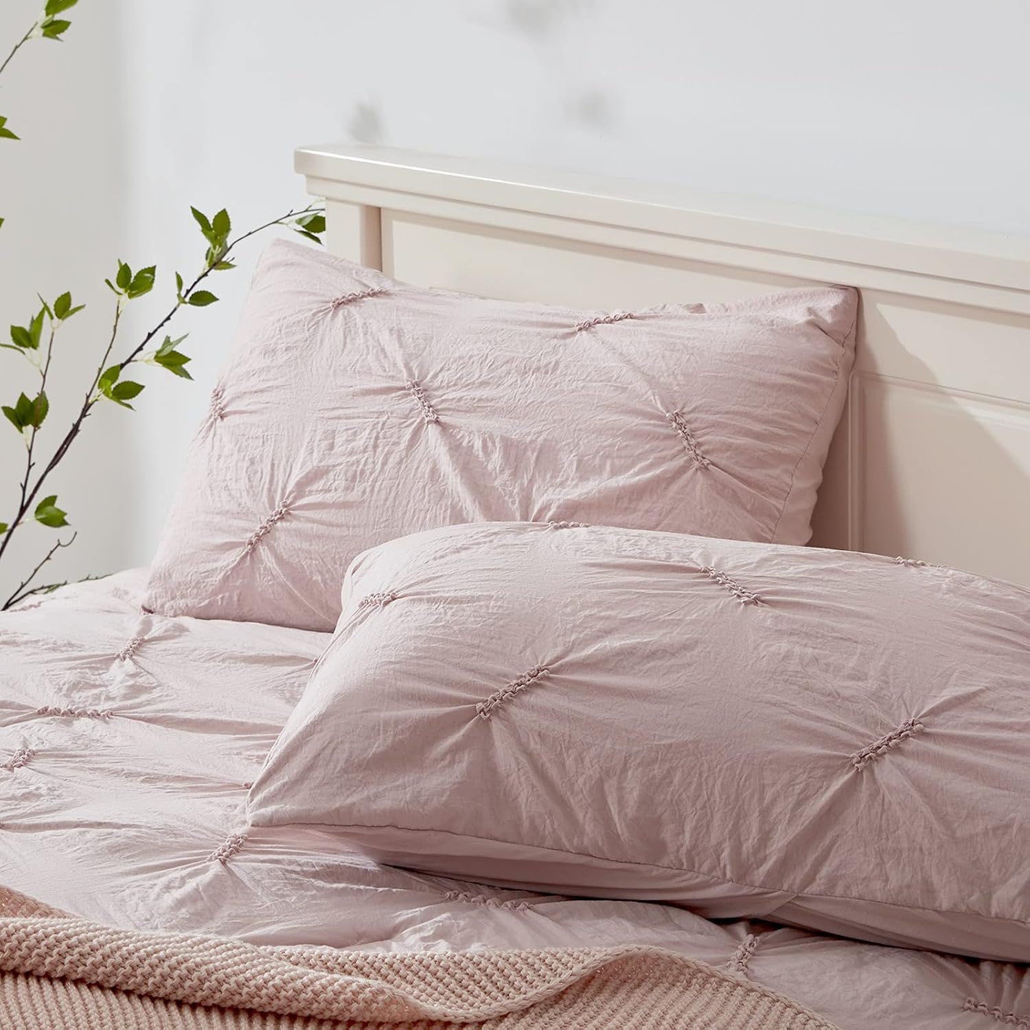 SEMECH Pinch Pleat Queen Comforter Set, Ultra-Soft Microfiber Bedding Comforters Sets, 3 Piece Pink Queen Size Comforter Set with 2 Shams (Rose Blush, Queen)