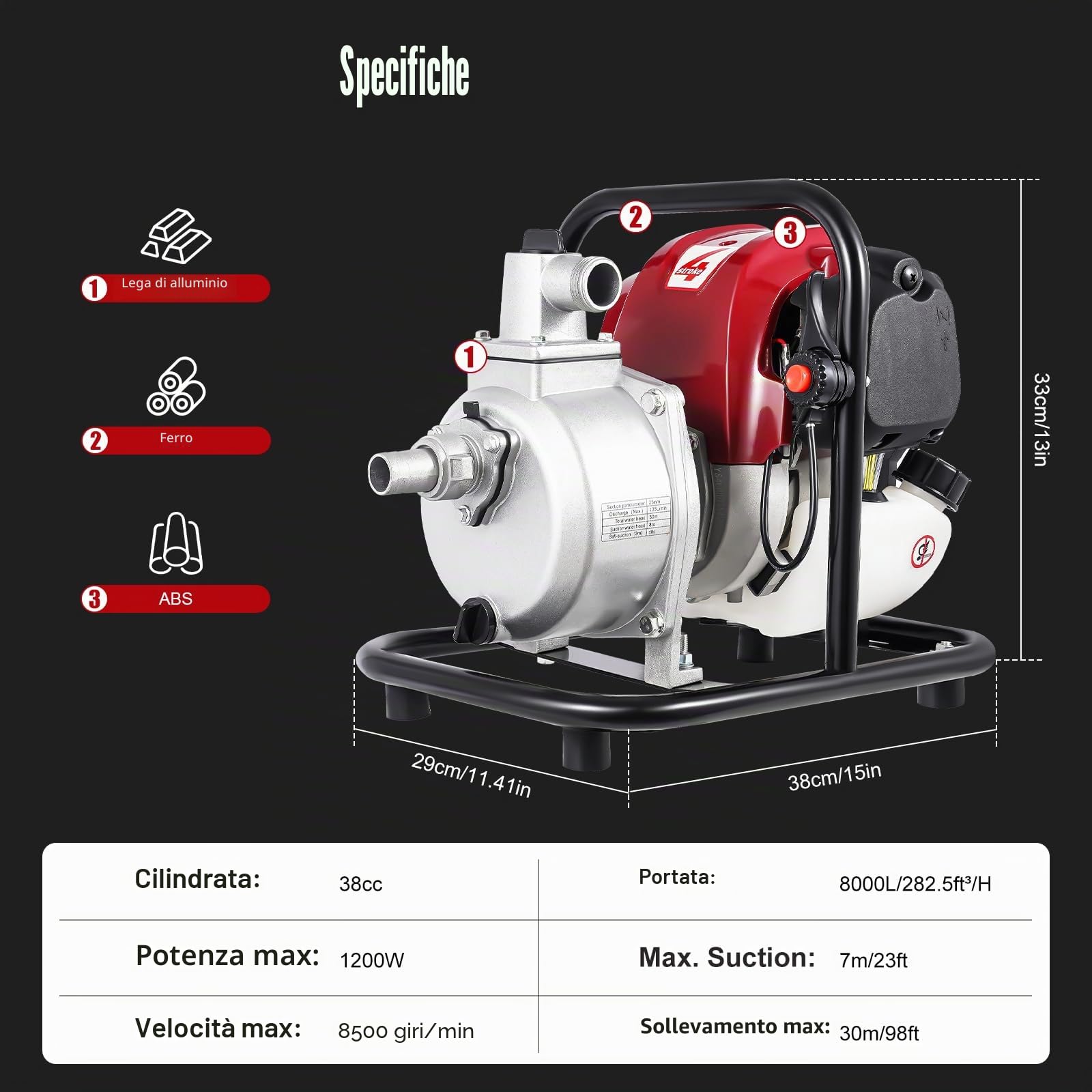 Pompa dell'acqua a benzina a 4 tempi, pompa motore da 1,2 kW con 8100 l/h e 30 m di altezza di estrazione, 10500 giri/min, avviamento via cavo, capacità serbatoio olio 900 ml, diametro