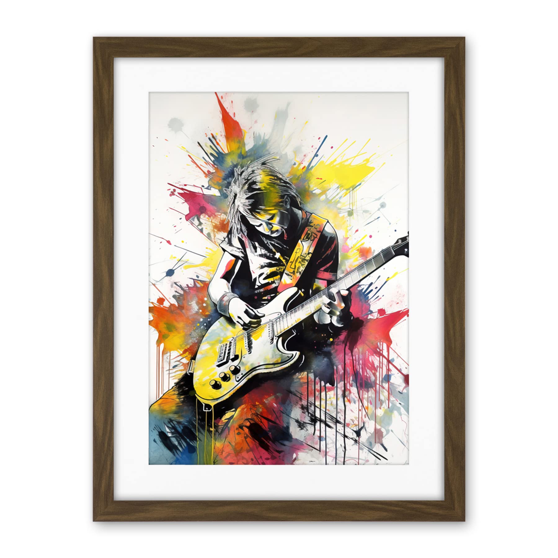 Artery8 Guitarist Playing Electric Guitar Music Solo Vibrant Modern Splat Paint Watercolour Illustration Artwork Framed Wall Art Print 18X24 Inch