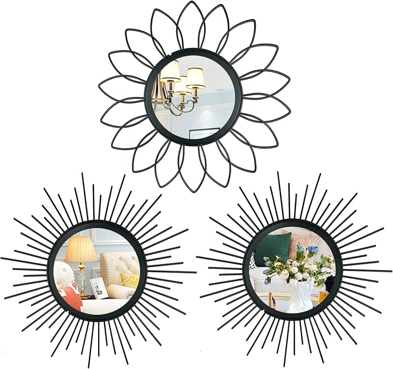 3 Pack Metal Mirrors for Wall Sunburst Wall Mirrors Home Décor Decorative Hanging Wall Art for Living Room Bedroom Entryway (Black, Flower+Sunburst)