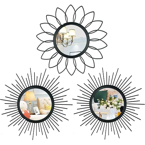 3 Pack Metal Mirrors for Wall Sunburst Wall Mirrors Home Décor Decorative Hanging Wall Art for Living Room Bedroom Entryway (Black, Flower+Sunburst)