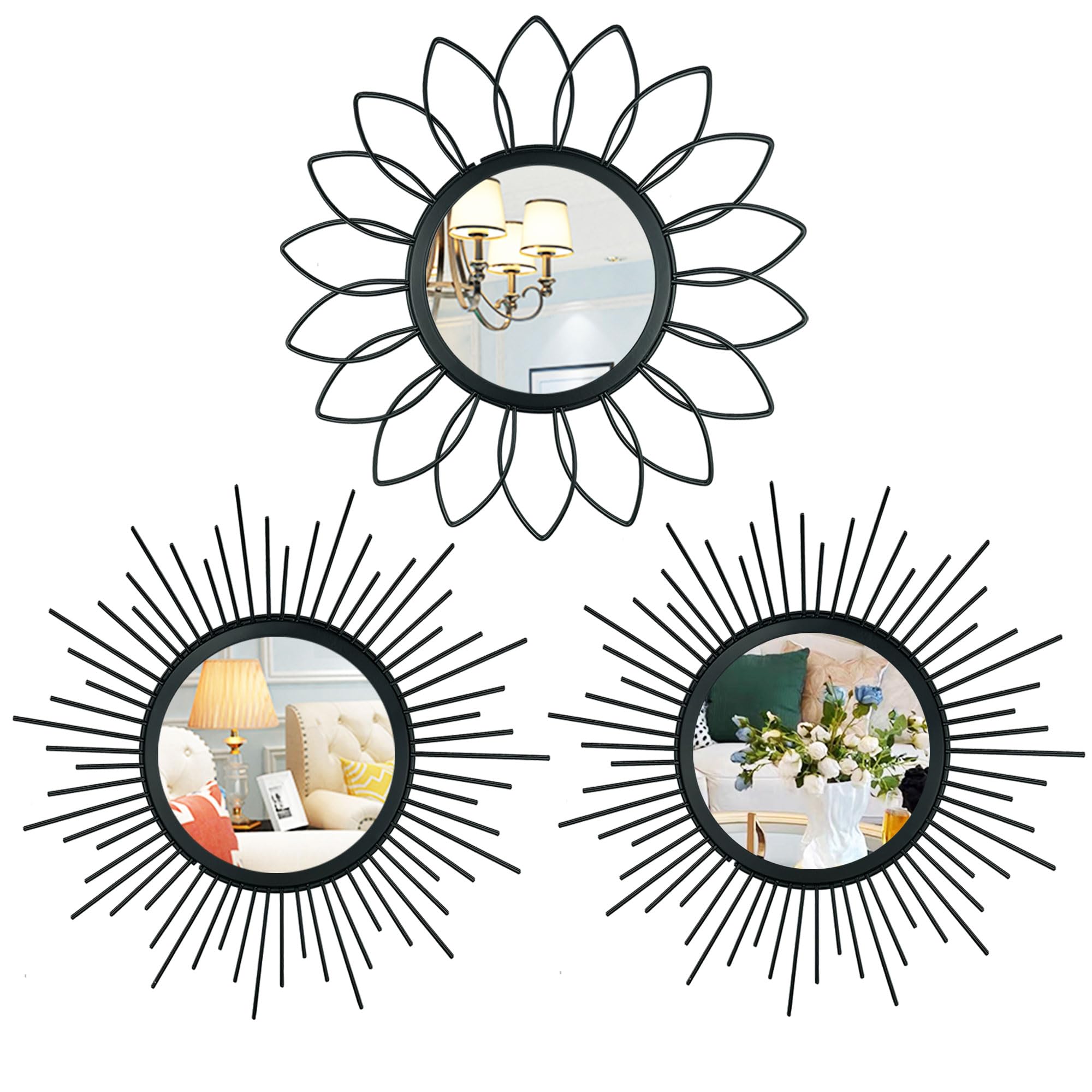 Paquete de 3 Espejos de Metal para Pared, Espejos de Pared con Rayos de Sol, decoración del hogar, Arte Decorativo para Colgar en la Pared para Sala de Estar, Dormitorio, Entrada (Negro, Flor + Rayos