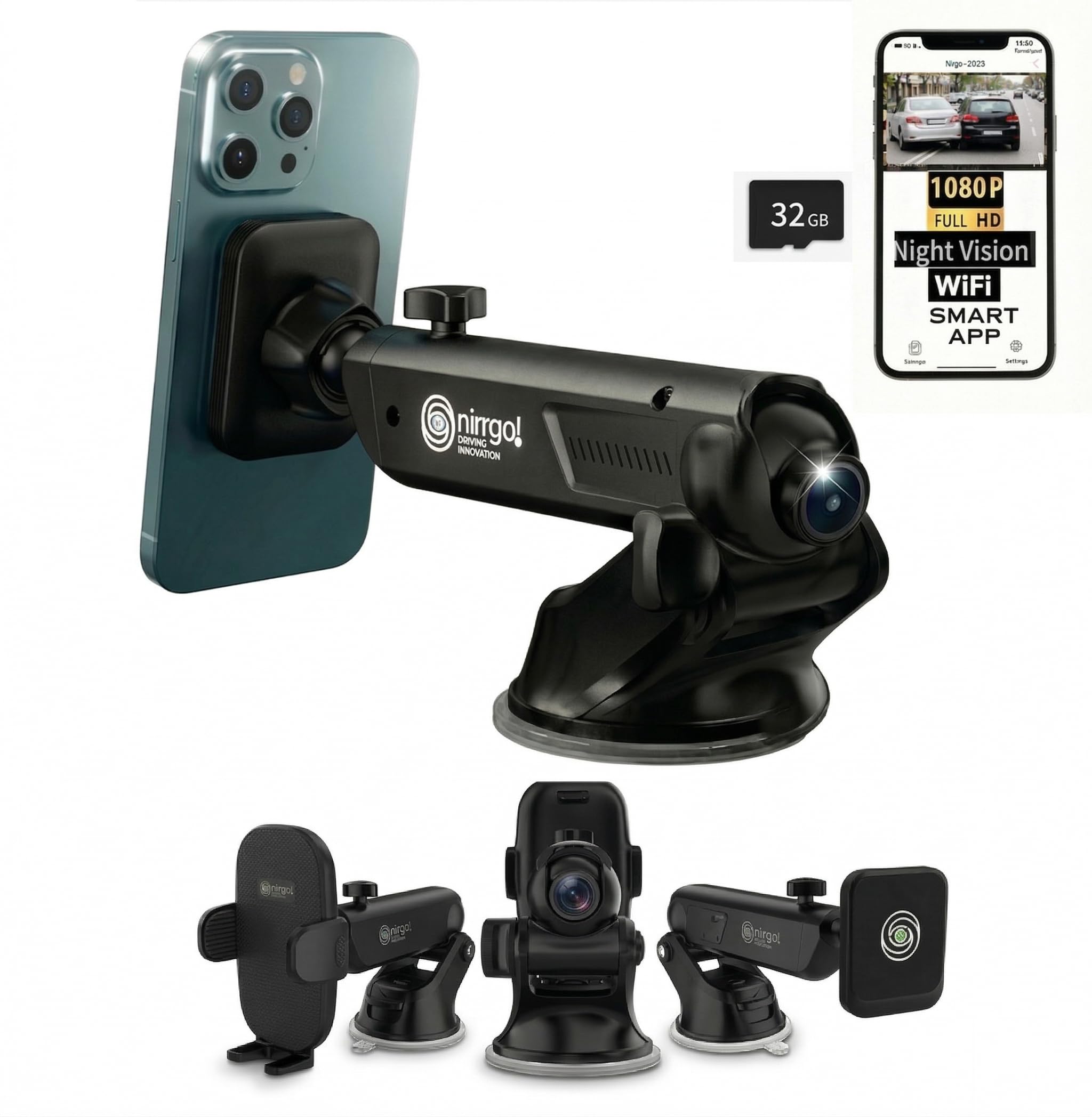 NIRRGO 2-in-1 Dash Cam Car Phone Holder Mount Bonus-2 Mounting Options Included 1080P HD Loop Recording Dashcam smart