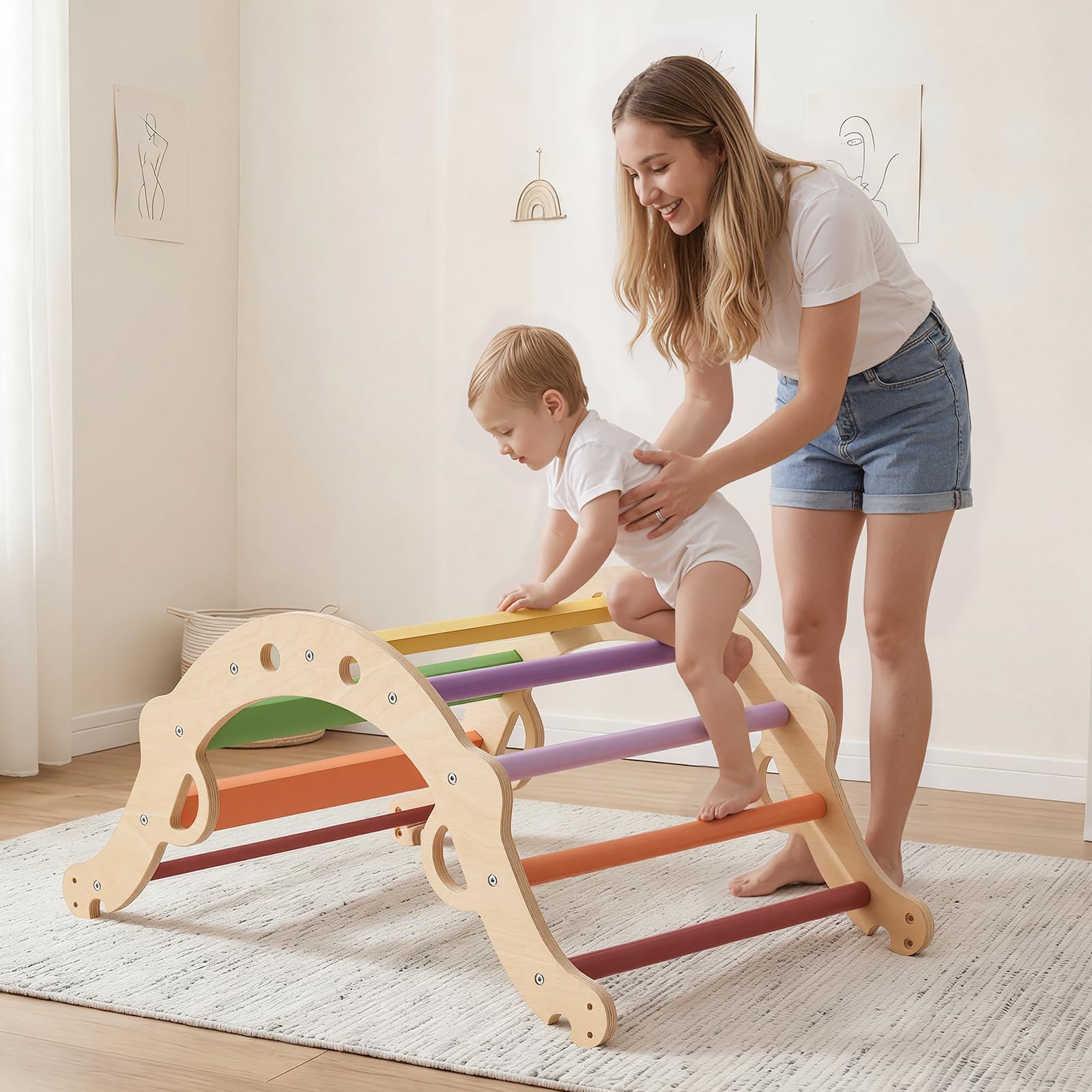 VEVOR Set Triangolo Pikler Struttura Arrampicata 9 in 1 per Bambini Piccoli, Portata 68 kg uso Interno, con Xilofono Cuscino Triangolo Arco e Rampa, Set Montessori Pieghevole per Crescita Equilibrio