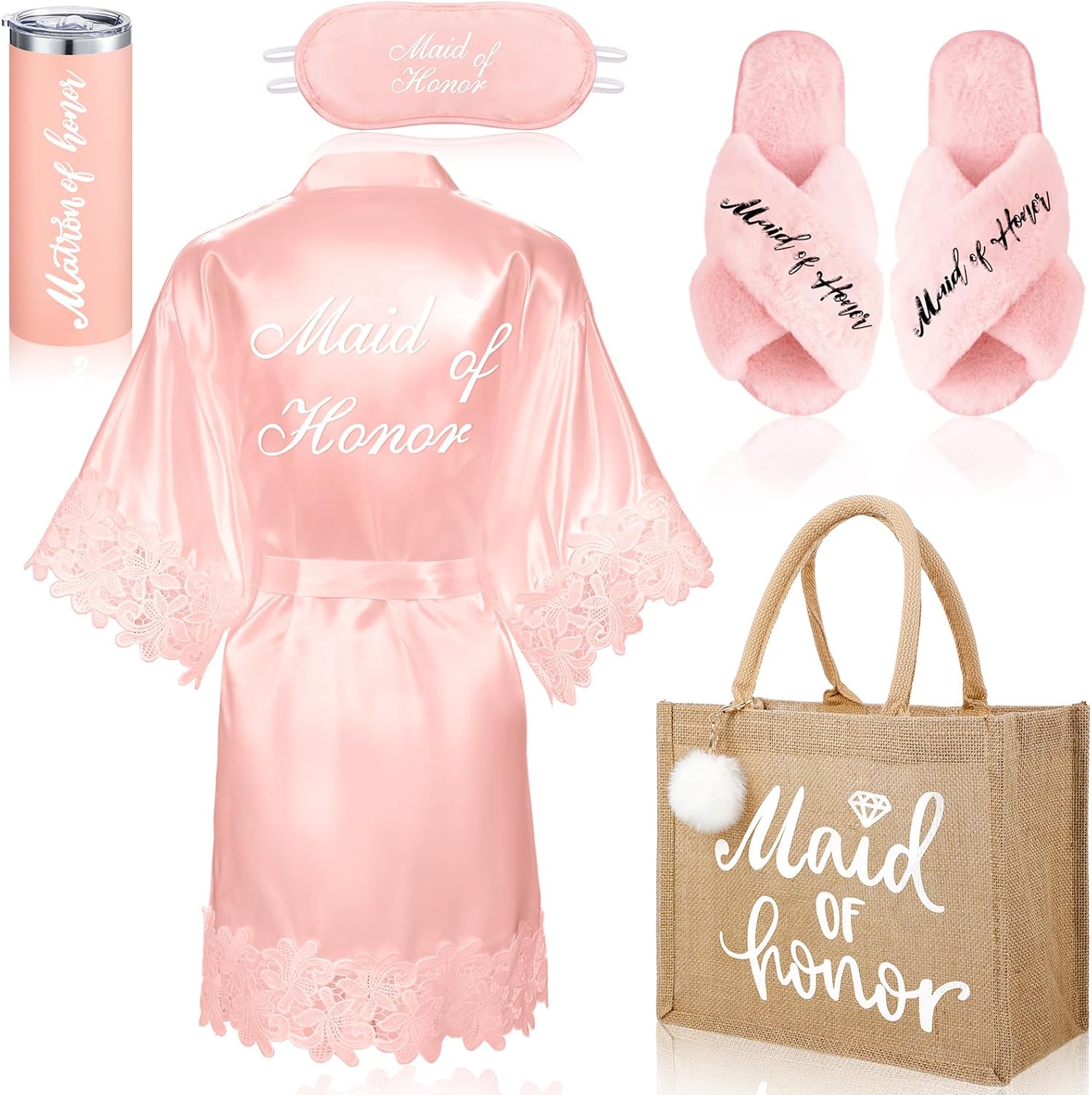 Handepo 5 Pcs Bride Robes for Wedding Day Set Bride to Be Gifts Bridal Shower Gifts Bridesmaid Robe with Slippers Tumbler