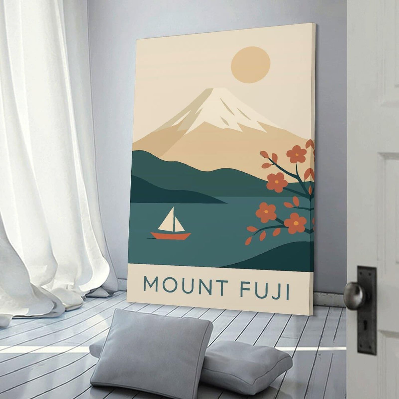 Junmoney Frame-Style-9 Canvas Art Print Mount Fuji Poster – Minimalist Japanese Wall Art, Cherry Blossom & Mountain Landscape Print, 16X24inch(40X60cm), For Office, Study Or Home Workspace, Wall Art That Adds Style To Work