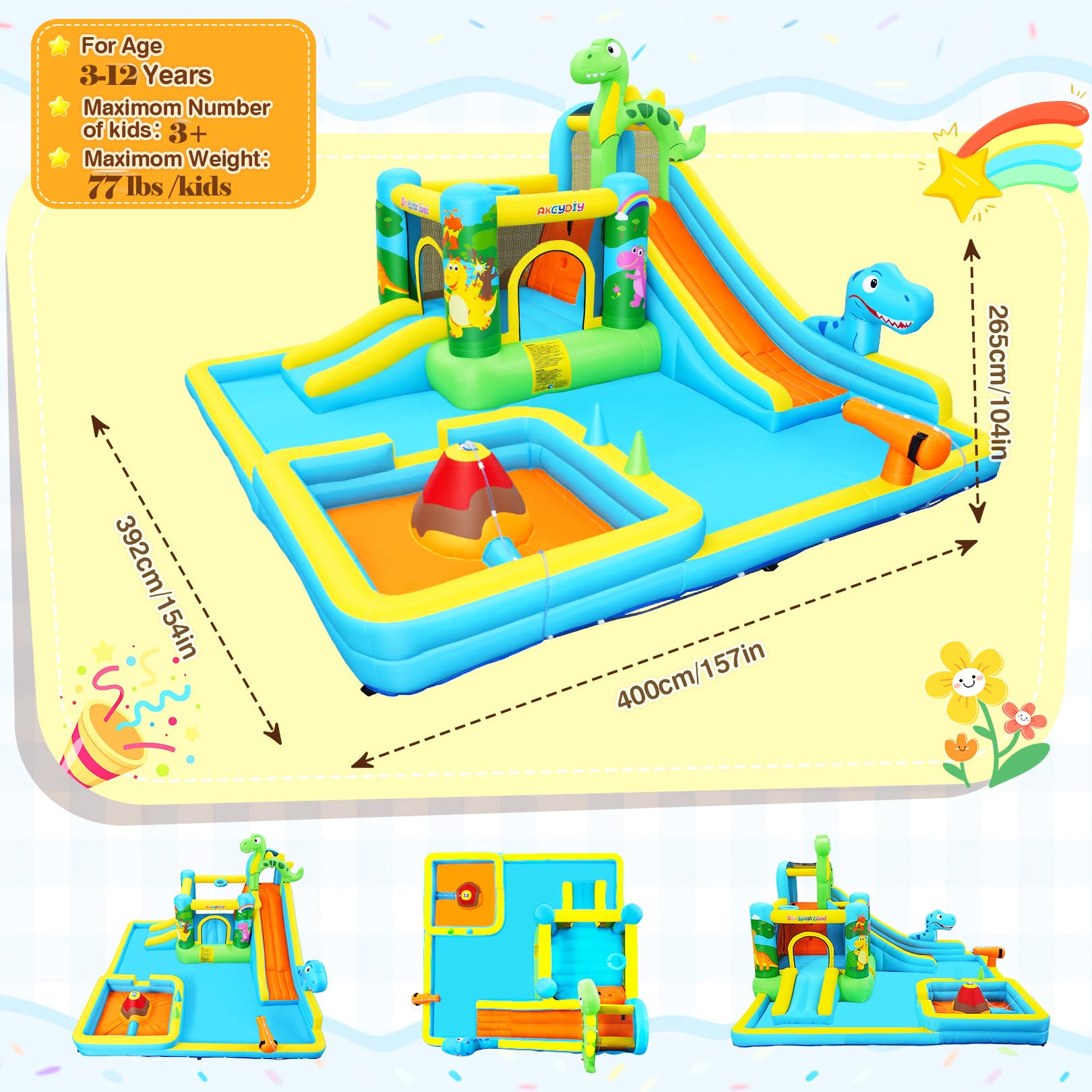 AKEYDIY Große Wasserrutsche für Kinder im Alter von 3–12 Mädchen/Jungen, Dinosaurier-Thema, aufblasbares Hüpfhaus, 550 W Gebläse, Lange und Kurze Rutschen, Planschbecken für Kinder, Sommer