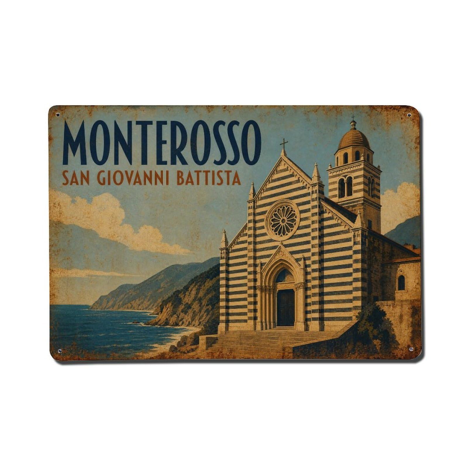 Vintage Travel Monterosso San Giovanni Church Striped Italy Metal Tin Sign