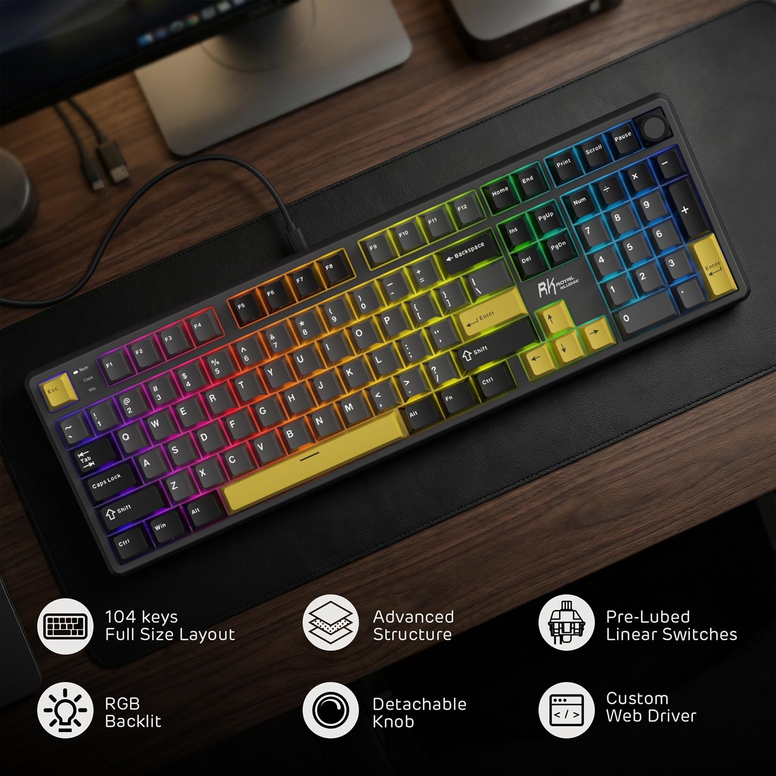 RK ROYAL KLUDGE X104 Mechanische Tastatur in Standardgröße, kabelgebundene Gaming in Cremefarbe mit Ziffernblock& Drehregler, 104 Tasten, lineare Schalter, RGB, Online-Software für Win/Mac, US QWERTY - 3