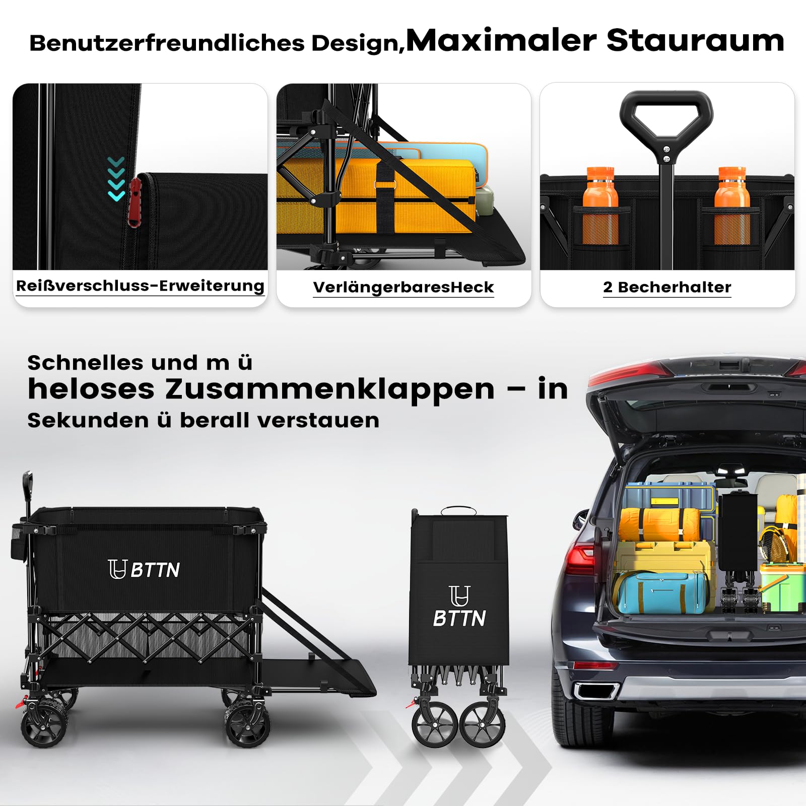 BTTN 400L Doppeldecker Bollerwagen Faltbar, Bremsen & Heckklappe, Schwarz | 250kg Traglast, 18×10cm All-Terrain-Räder, Ergonomiegriff, faltbarer Handwagen für Garten, Camping, Einkaufen, Picknick & Co.